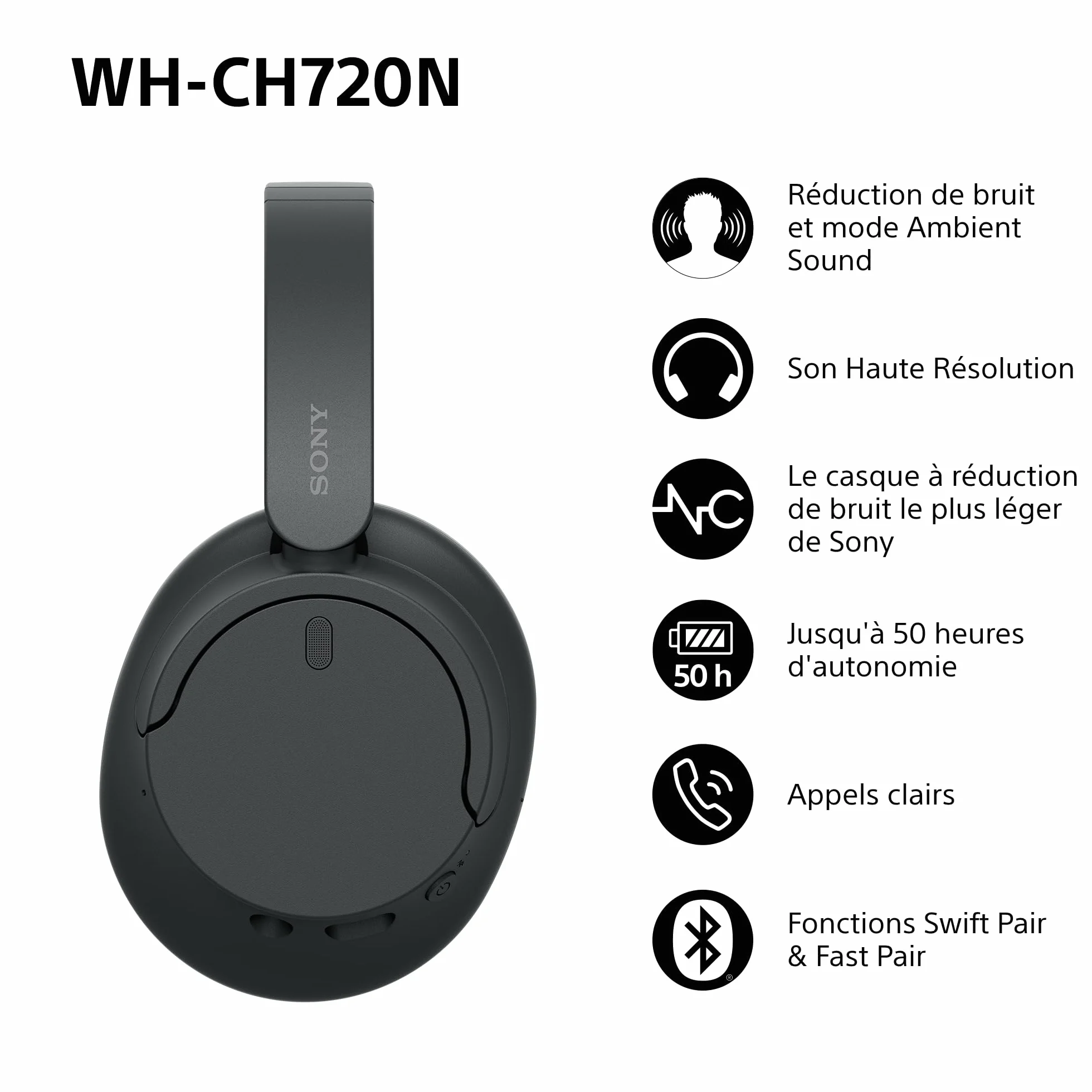 Sony WH-CH720N Casque Bluetooth sans Fil Réduction de Bruit Noir