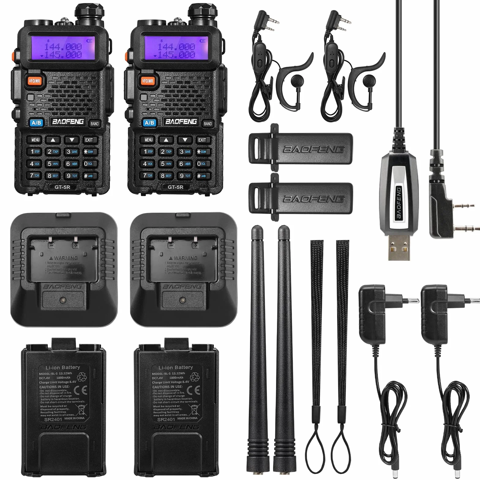 BAOFENG GT-5R Talkie Walkie Radio Double Bande 144-146/430-440 MHz 128 Canaux Batterie 1800 mAh 2PCS