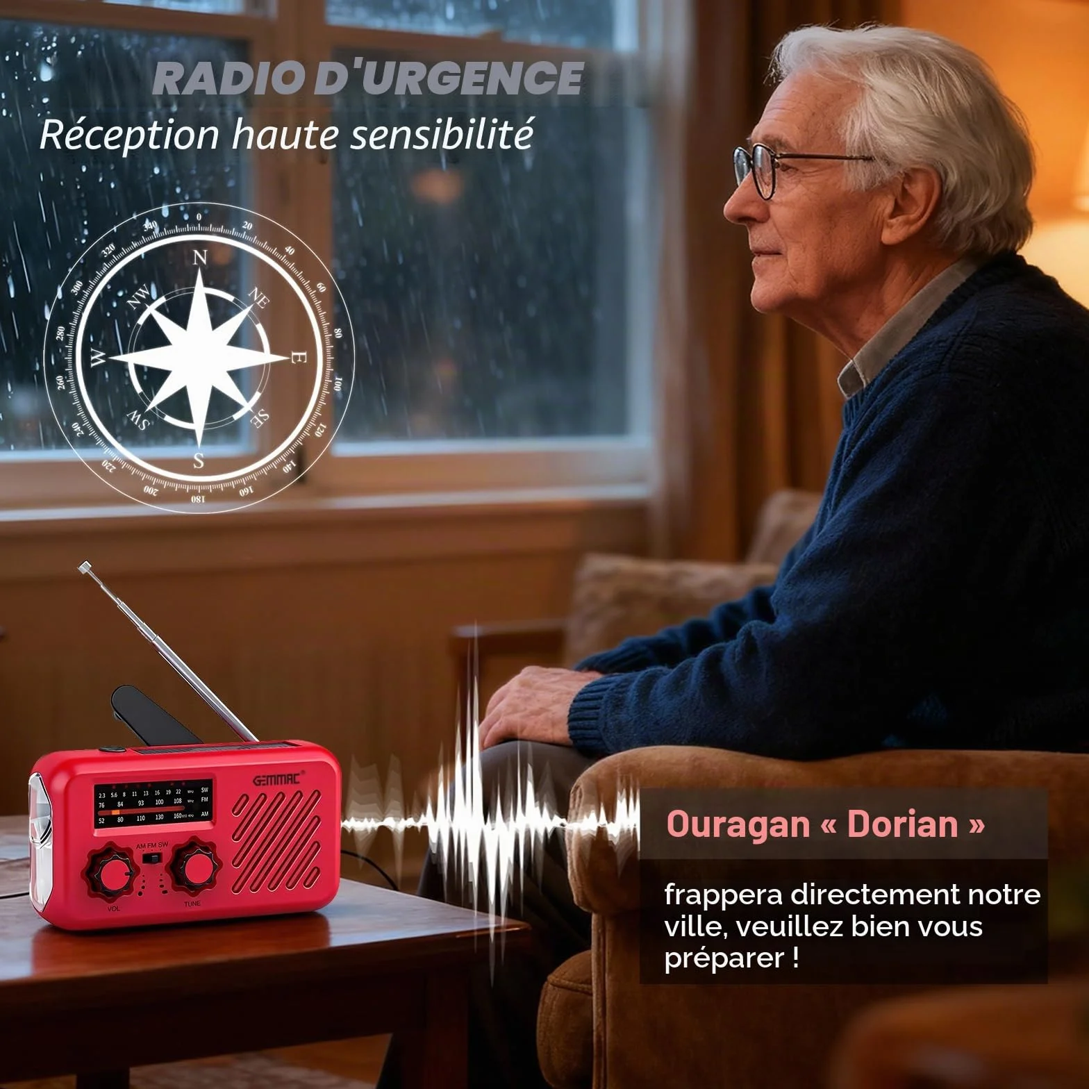 Radio d'urgence Multifonction 3 en 1 Gemmac 2000mAh Powerbank USB Recharge Solaire Dynamo LED Lampe Torche Alarme SOS AM/FM/SW Camping