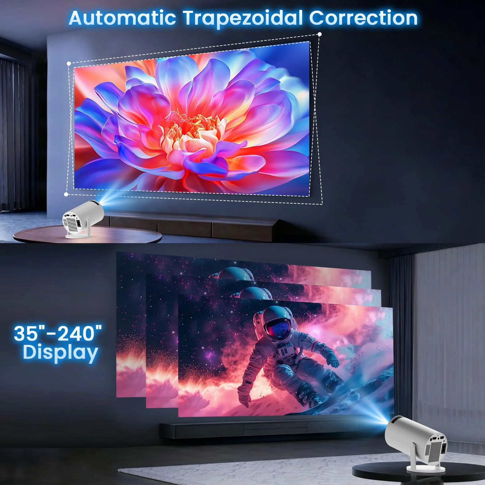 Vidéoprojecteur Portable Mini Projecteur WiFi 6 BT5.2 4K 1080P Auto Keystone 180° Rotation HDMI