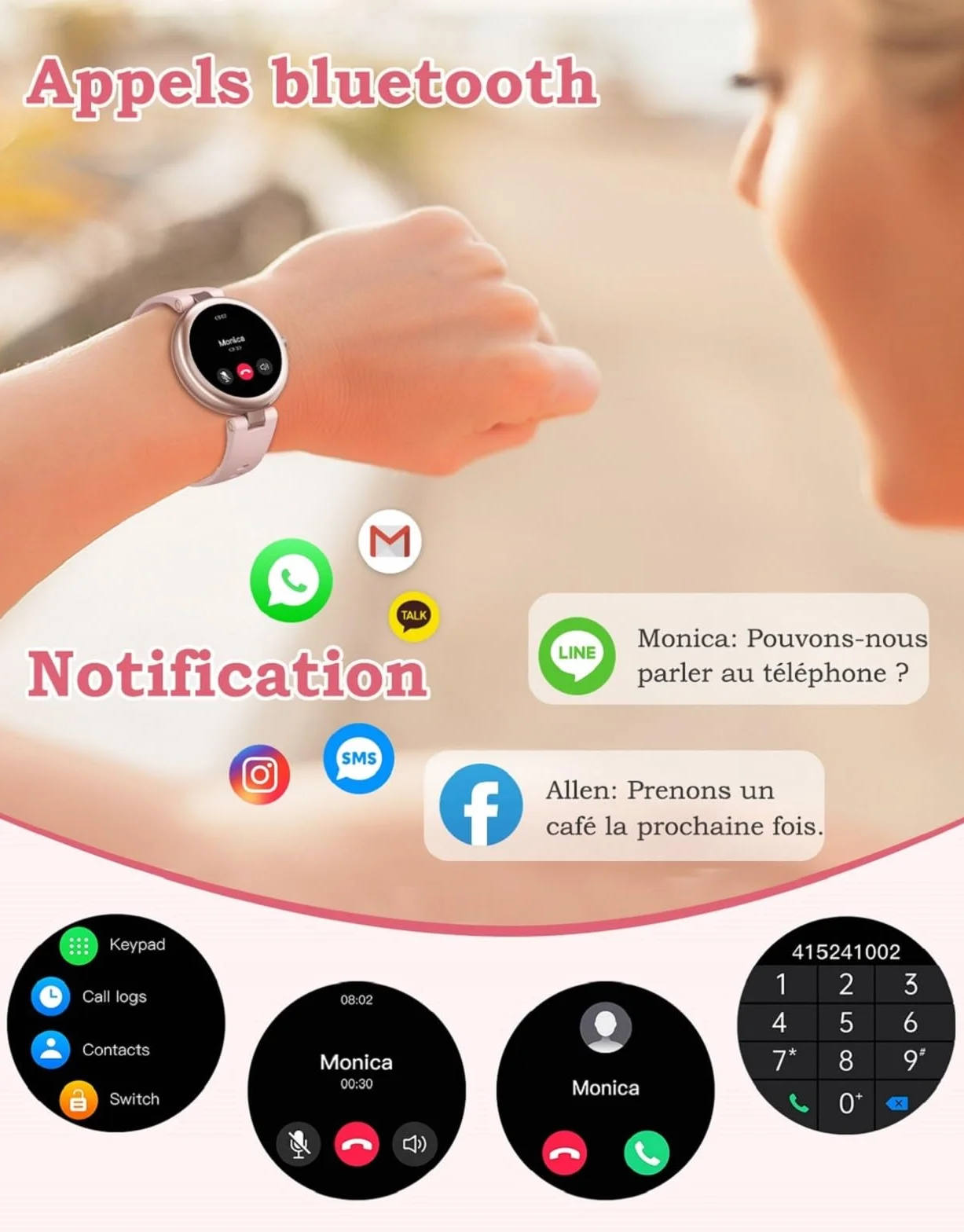 Montre Connectée Femme Ronde Petite Smartwatch avec Appel Bluetooth Cardiofrequencemetre Oxymetre IP68 pour Android iOS