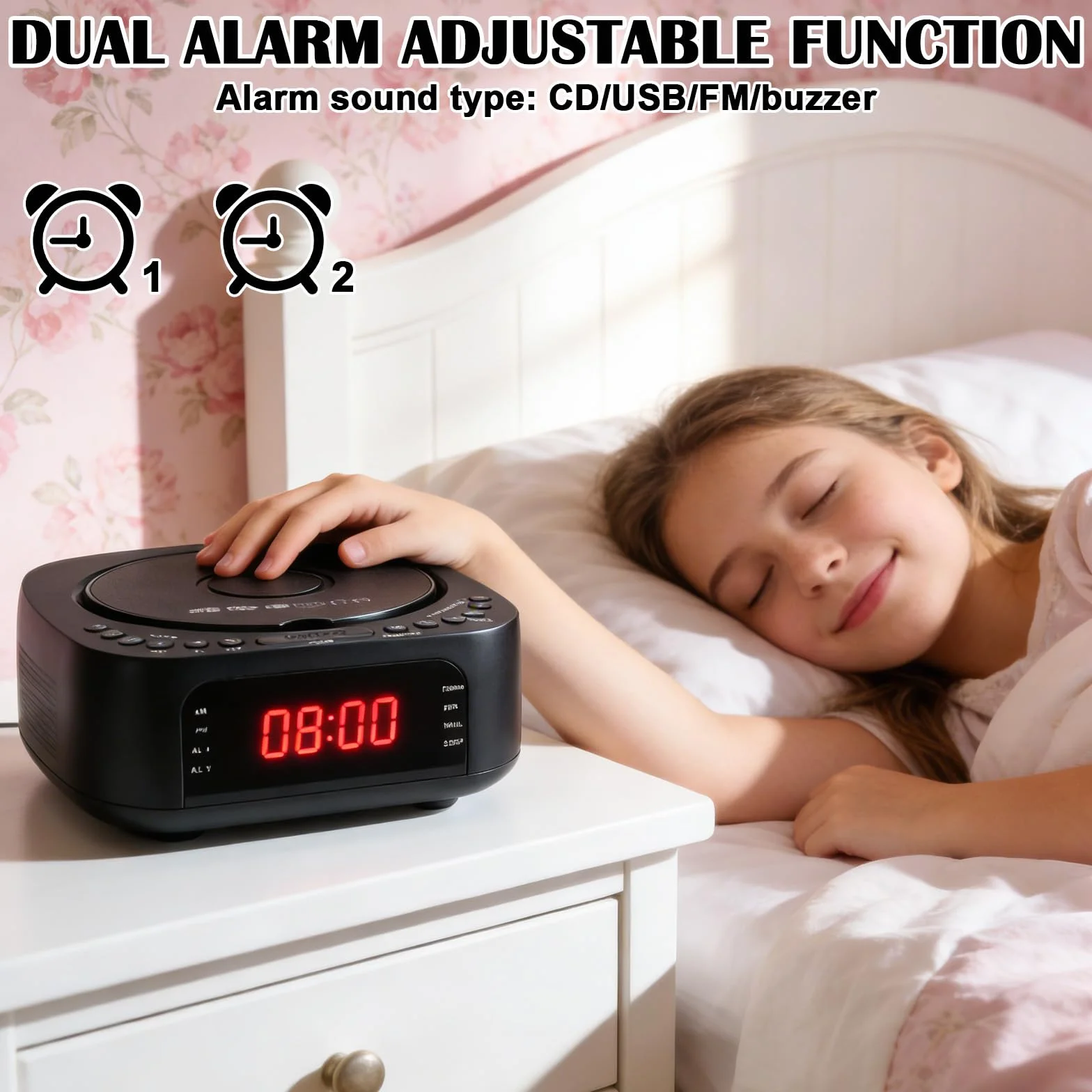 Lecteur CD portable Bluetooth radio FM MP3 double haut-parleur stéréo réveil SleepTimer rechargeable USB AUX grand écran télécommande noir