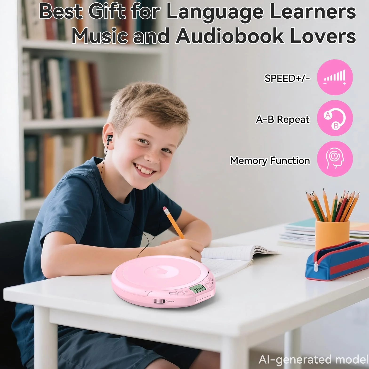 Gueray Lecteur CD Portable avec Casque Écran LCD Protection Anti-Saut Lecture HiFi Rose