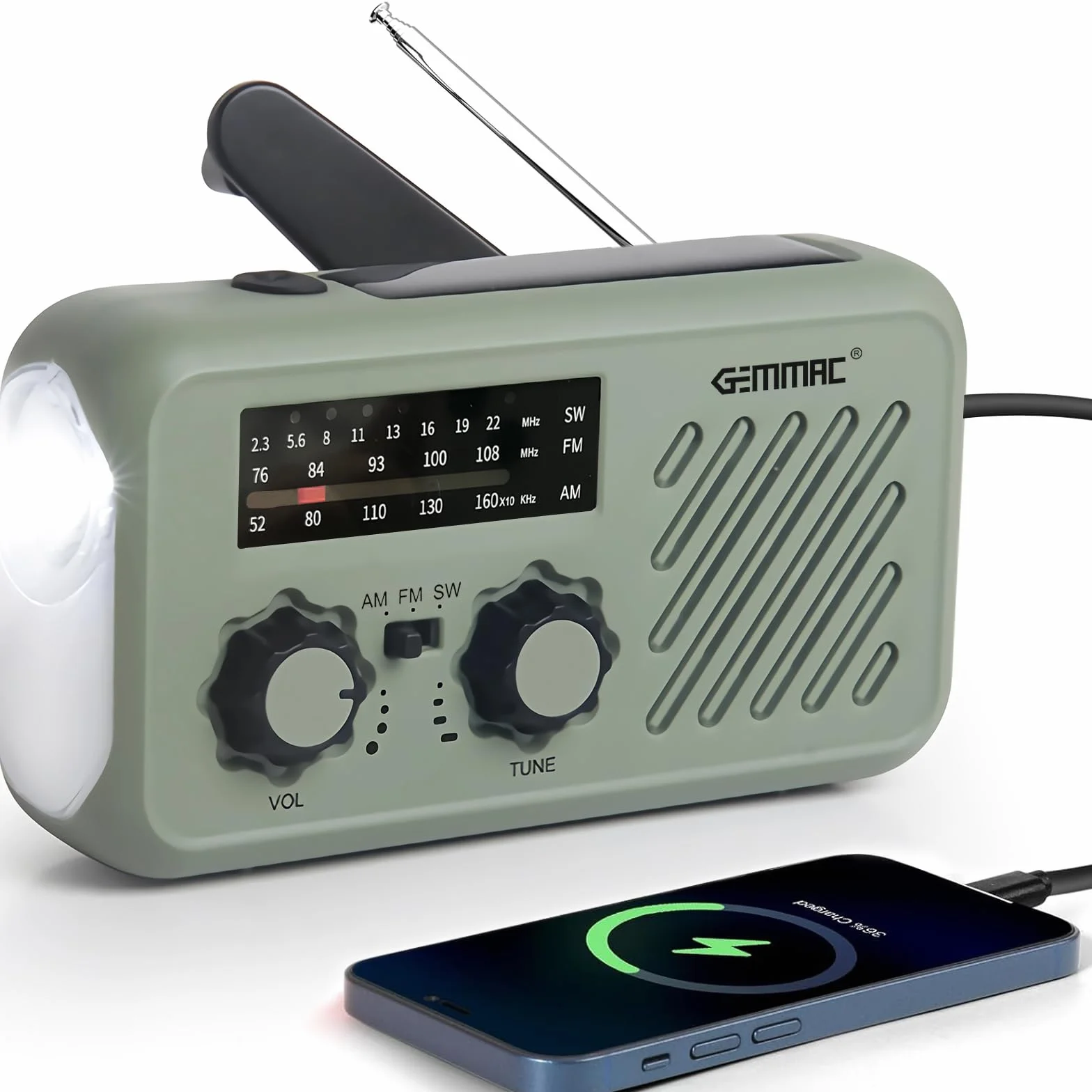 Radio d'urgence Multifonction 3 en 1 GEMMAC Recharge Solaire Dynamo Manivelle USB Batterie 2000mAh Powerbank Lampe Torche Lecture LED Alarme SOS Radio AM FM Camping Randonnée Survie