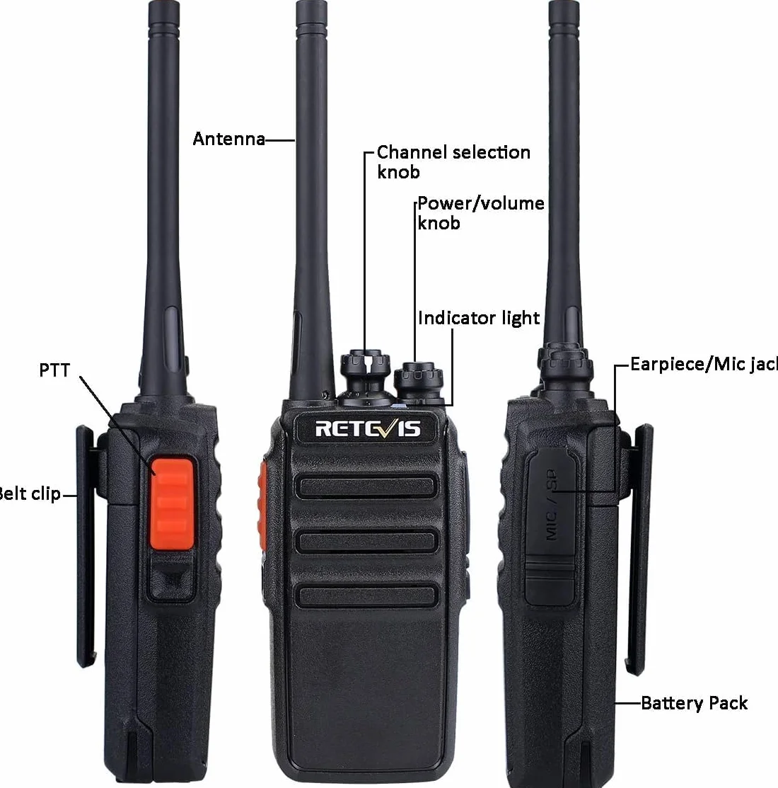Retevis RT24 Plus Talkie Walkie Professionnel PMR446 16 Canaux CTCSS/DCS Longue Portée Noir 4 Pcs
