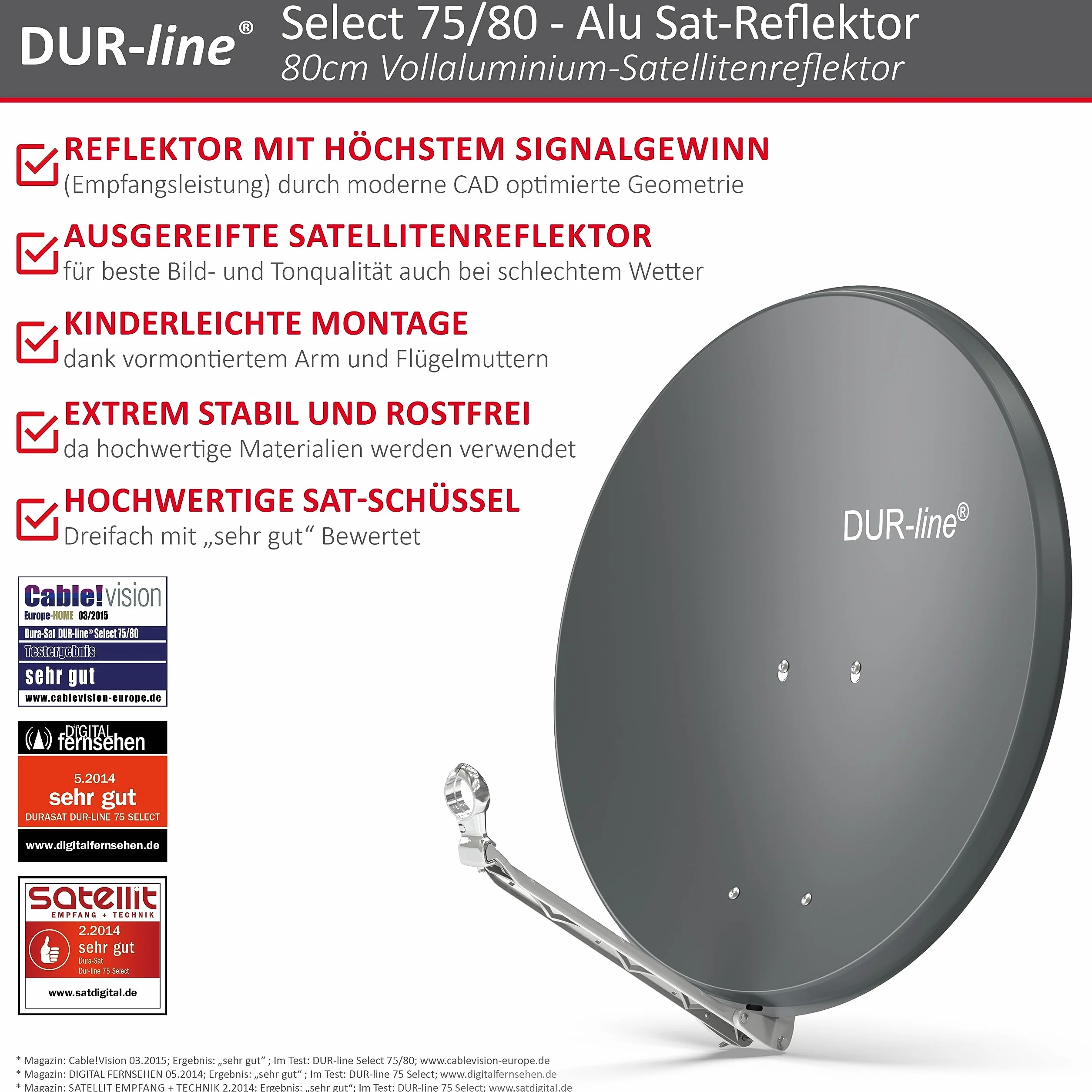 DUR-line Select Parabole Satellite 80 cm Aluminium Anthracite avec Support LNB Inoxydable
