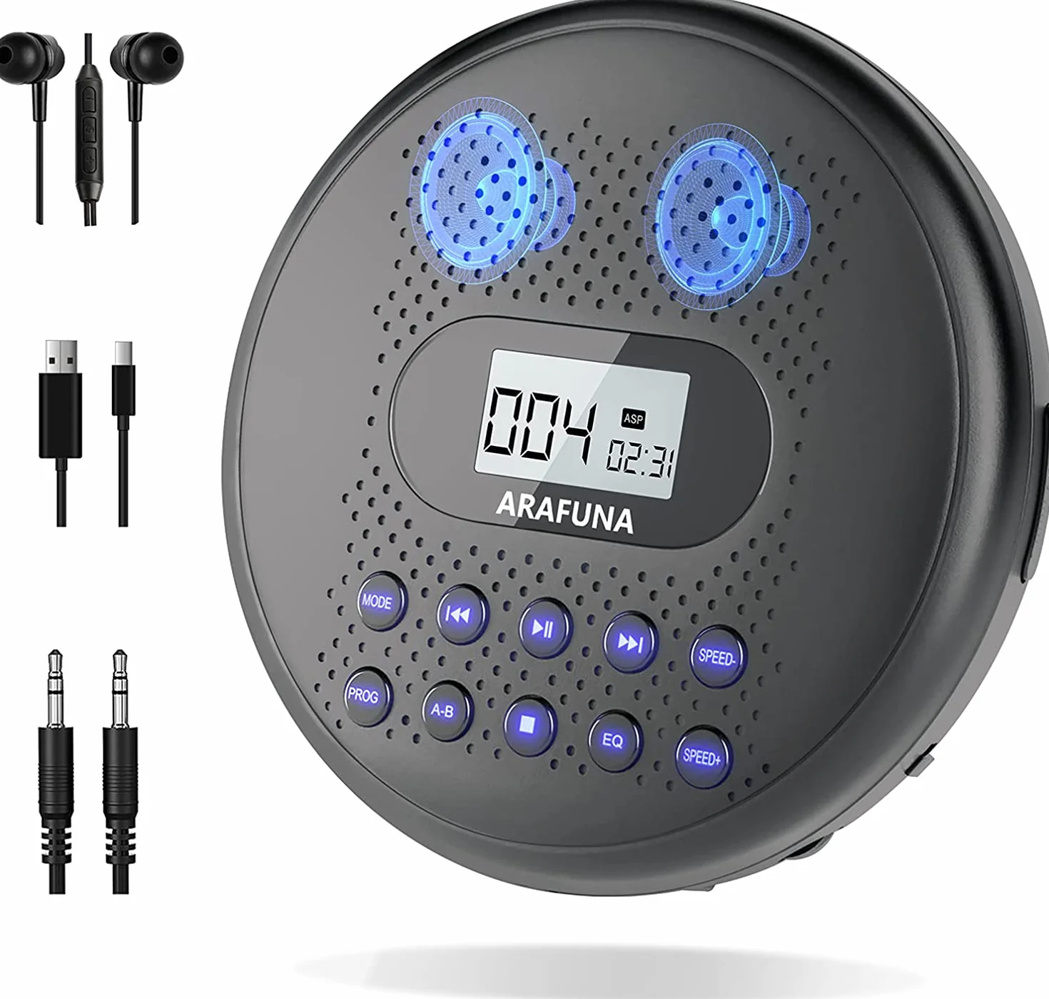 Lecteur CD Portable Arafuna avec Batterie Lithium 1400 mAh, Protection Anti-Saut, Casque et câble AUX
