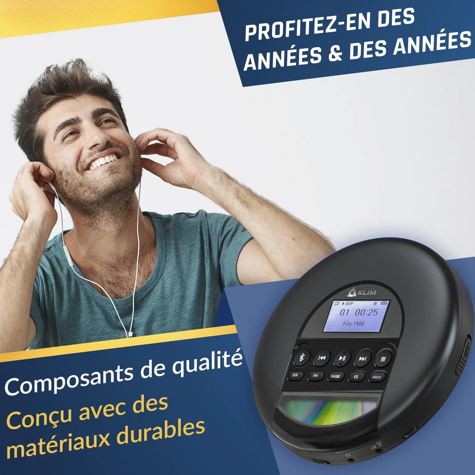 KLIM Nomad Lecteur CD Portable Bluetooth - Batterie Intégrée Longue Durée - Compatible CD-R, CD-RW, MP3 - Argent