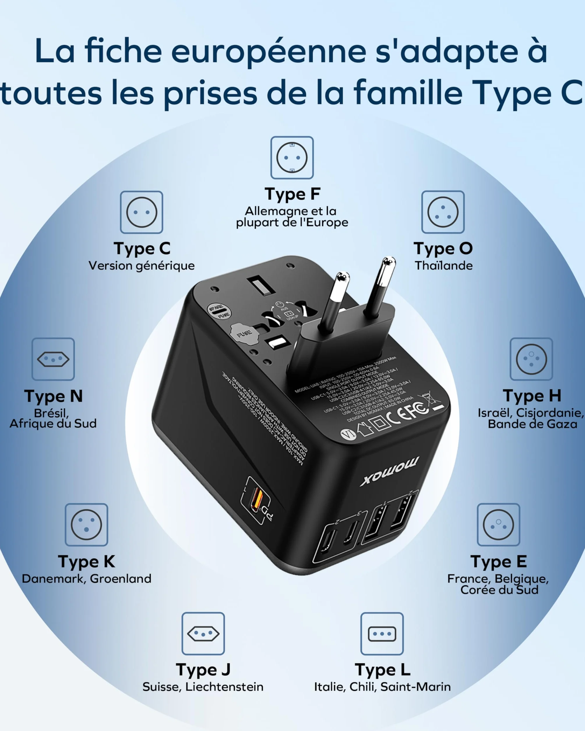 MOMAX Adaptateur Prise Universelle GaN 70 W 3 USB C 2 USB A Voyage France UK Irlande USA Canada Australie Chine Japon Thaïlande