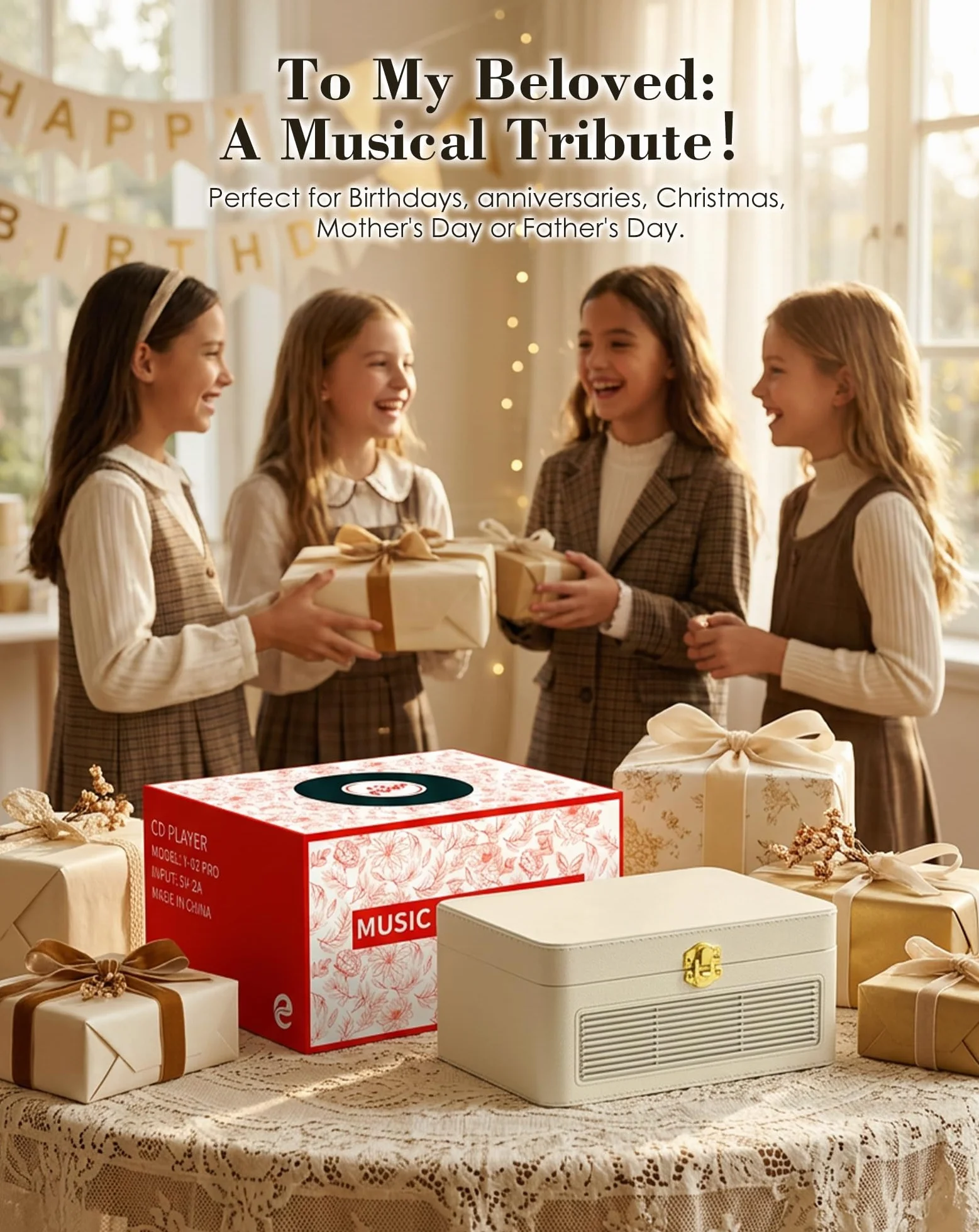Lecteur CD Portable Bluetooth Radio Rétro avec Télécommande, Housse Antipoussière Cuir PU, Blanc