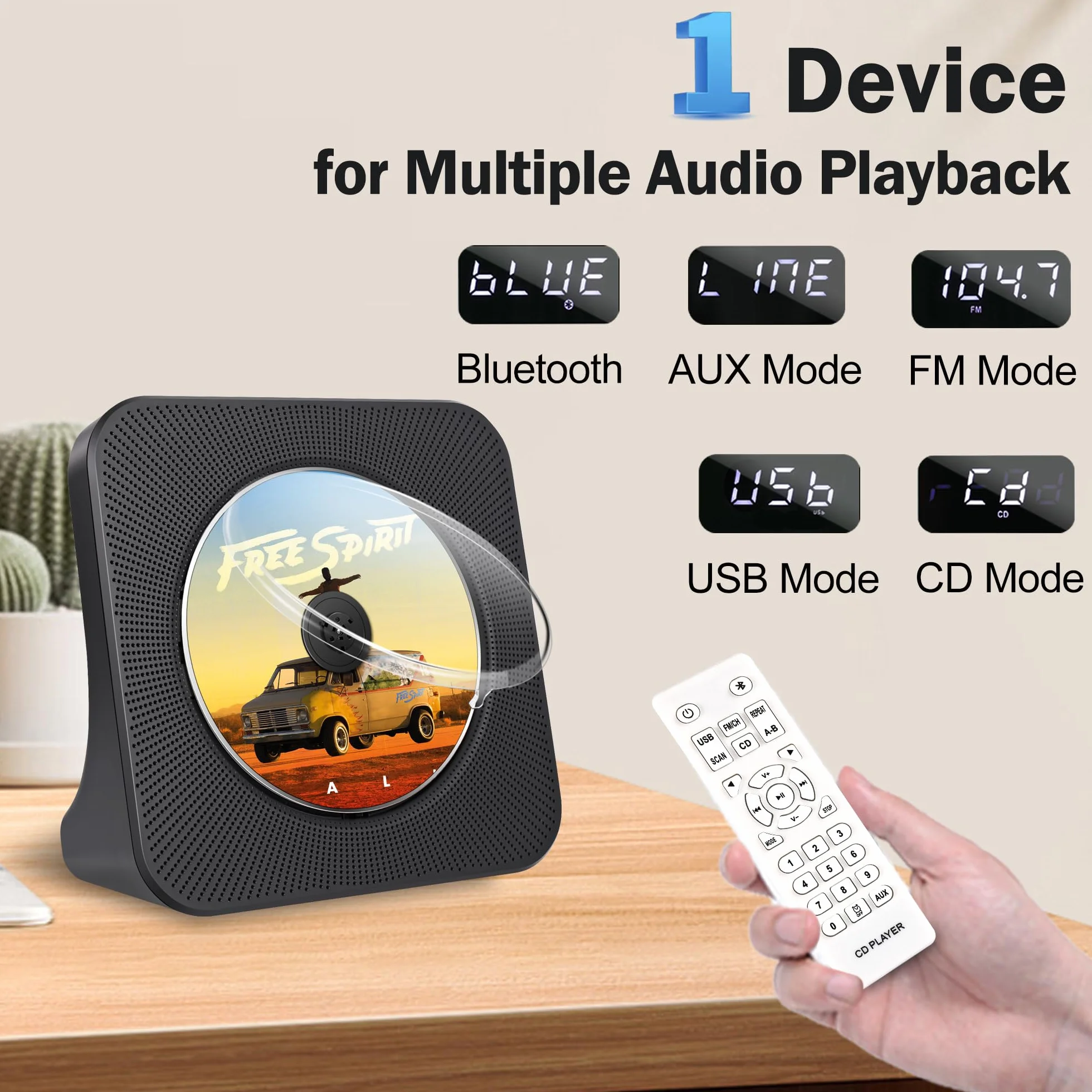 Lecteur CD Portable Bluetooth 4000mAh Rechargeable Voiture HiFi avec Télécommande USB AUX FM Radio Noir