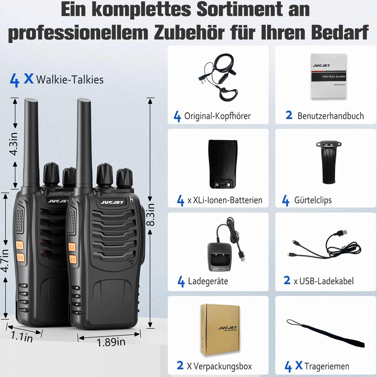 Talkie Walkie PMR446 Radio Portable Rechargeable 16 Canaux Mise à Niveau 88 E Version avec Écouteurs et Station de Charge USB (4 pièces)