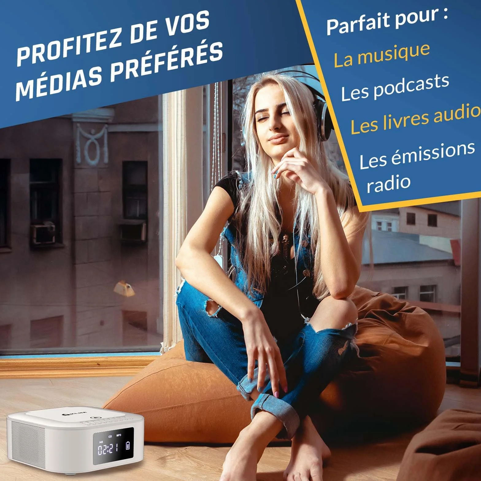 KLIM Boombox E1 Radio CD Portable Extra Bass Subwoofer FM Bluetooth USB MP3 Filaire sans Fil Piles Rechargeables Télécommande Blanc