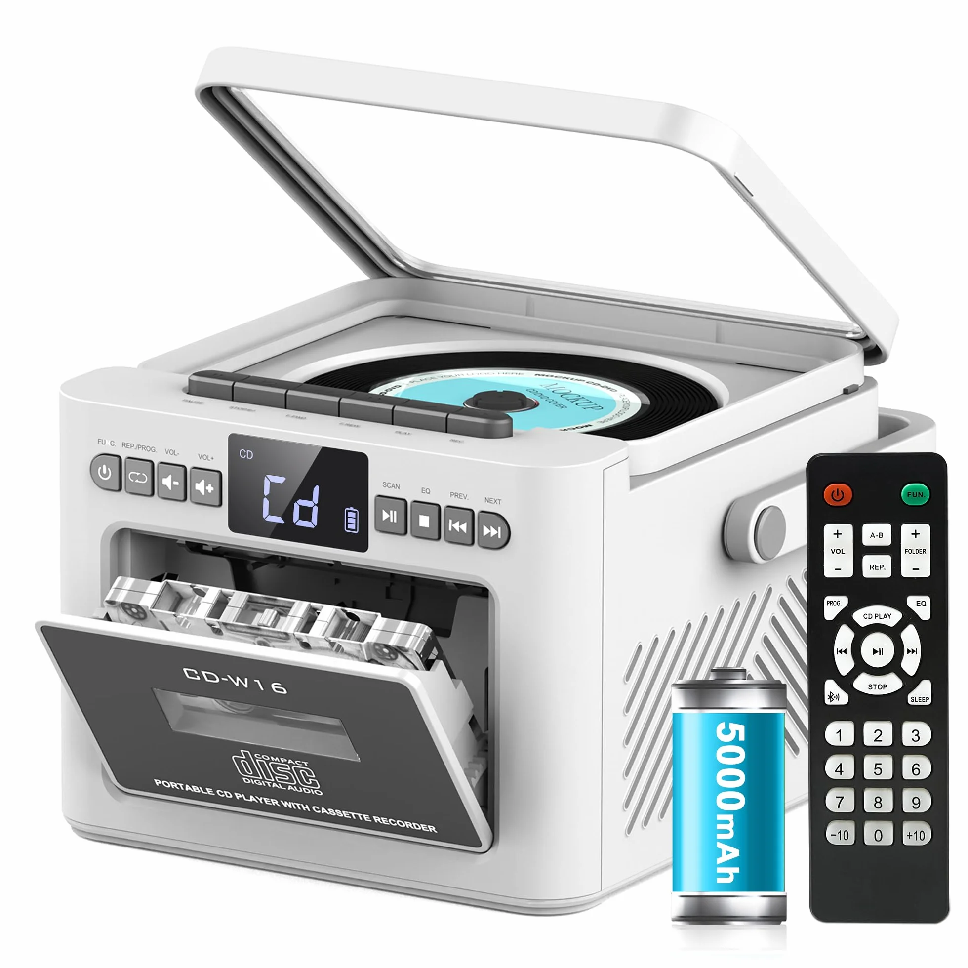 Greadio Lecteur CD Portable Bluetooth Radio FM AUX USB SD Card Batterie Rechargeable 5000mAh Haut-Parleurs 5W écran LED Blanc