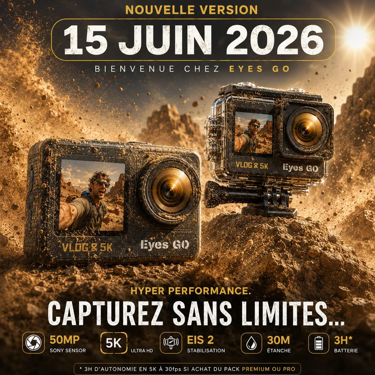 Caméra Sport 5K30fps 4K60fps 120fps 50MP 2 Écrans Tactile Vlog Télécommande Micro 360° Stabilisateur E.I.S 2.0 Étanche 30M Carte SDXC 64Go 2x1350mAh