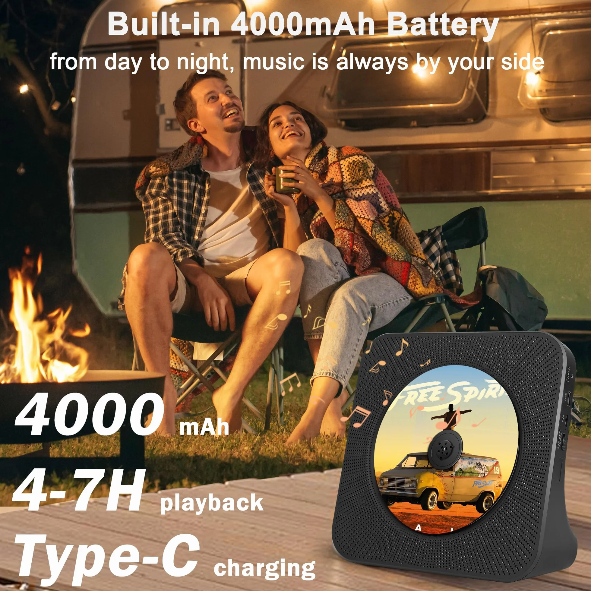 Lecteur CD Portable Bluetooth 4000mAh Rechargeable Voiture HiFi avec Télécommande USB AUX FM Radio Noir