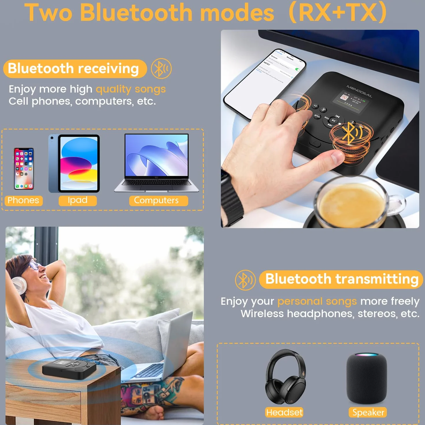 Lecteur CD Portable avec Écran TFT Bluetooth Rechargeable pour Voiture