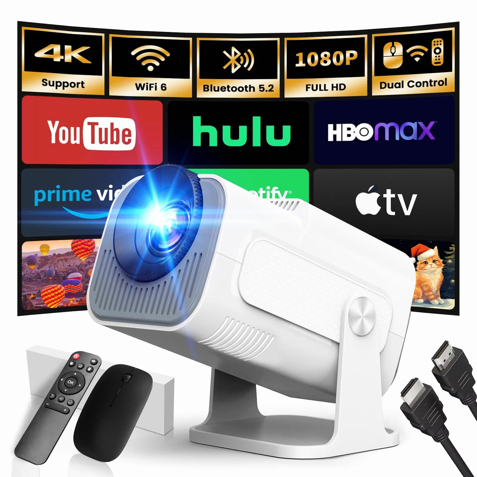 Vidéoprojecteur 1920x1080P FHD 4K Mini Projecteur Portable WiFi 6 BT5.2 Auto Keystone 180° Rotation Blanc