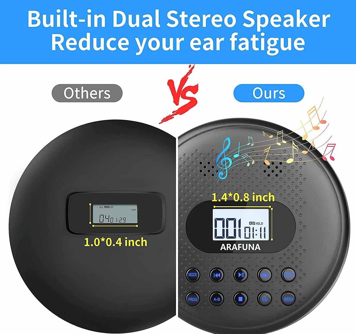 Lecteur CD Portable Arafuna avec Batterie Lithium 1400 mAh, Protection Anti-Saut, Casque et câble AUX
