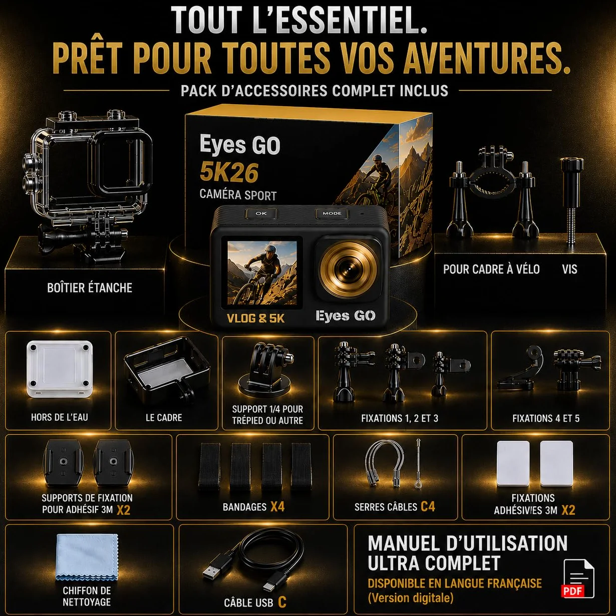 Caméra Sport 5K30fps 4K60fps 120fps 50MP 2 Écrans Tactile Vlog Télécommande Micro 360° Stabilisateur E.I.S 2.0 Étanche 30M Carte SDXC 64Go 2x1350mAh