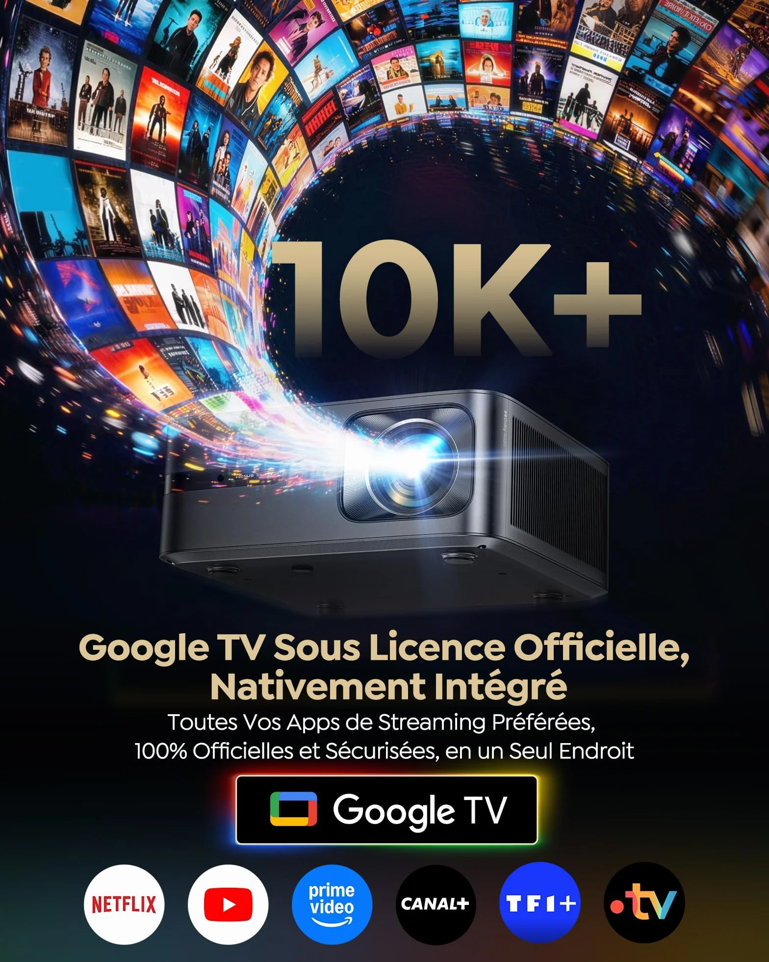 WiMiUS Vidéoprojecteur 4K 2200 ANSI Google TV Auto Focus Keystone HDR10 WiFi Bluetooth HDMI 2.1