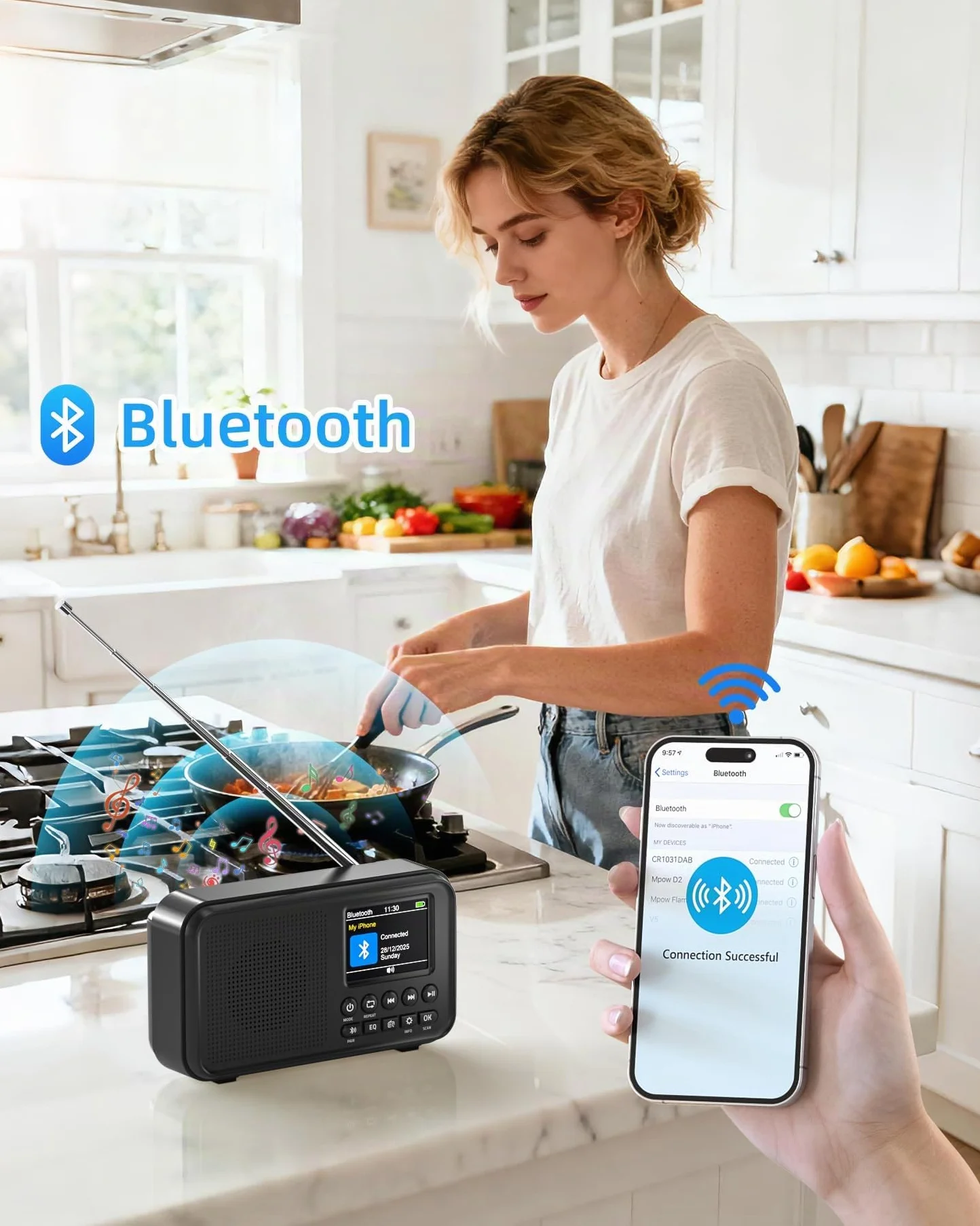 Mesqool Radio Numérique DAB/FM Bluetooth, Batterie 3000mAh, Type-C, 40 Stations FM et DAB Préréglées, Double Alarme