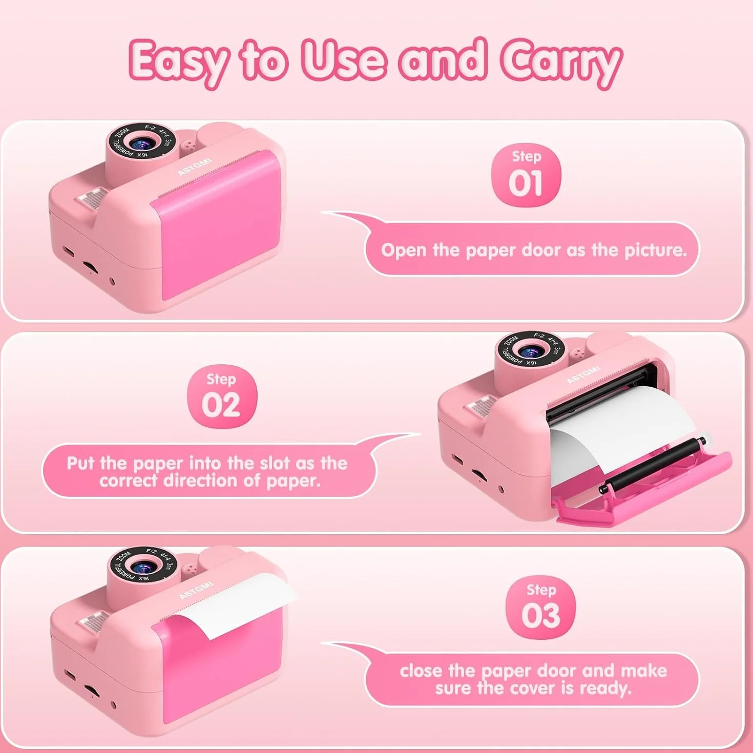 ASTGMI Appareil Photo Instantané Enfant 2.4" Écran avec Papier d'impression et Carte 32GB, Mode Selfie et Video, Cadeau Jouet pour Garçons Filles 3-14 Ans Rose