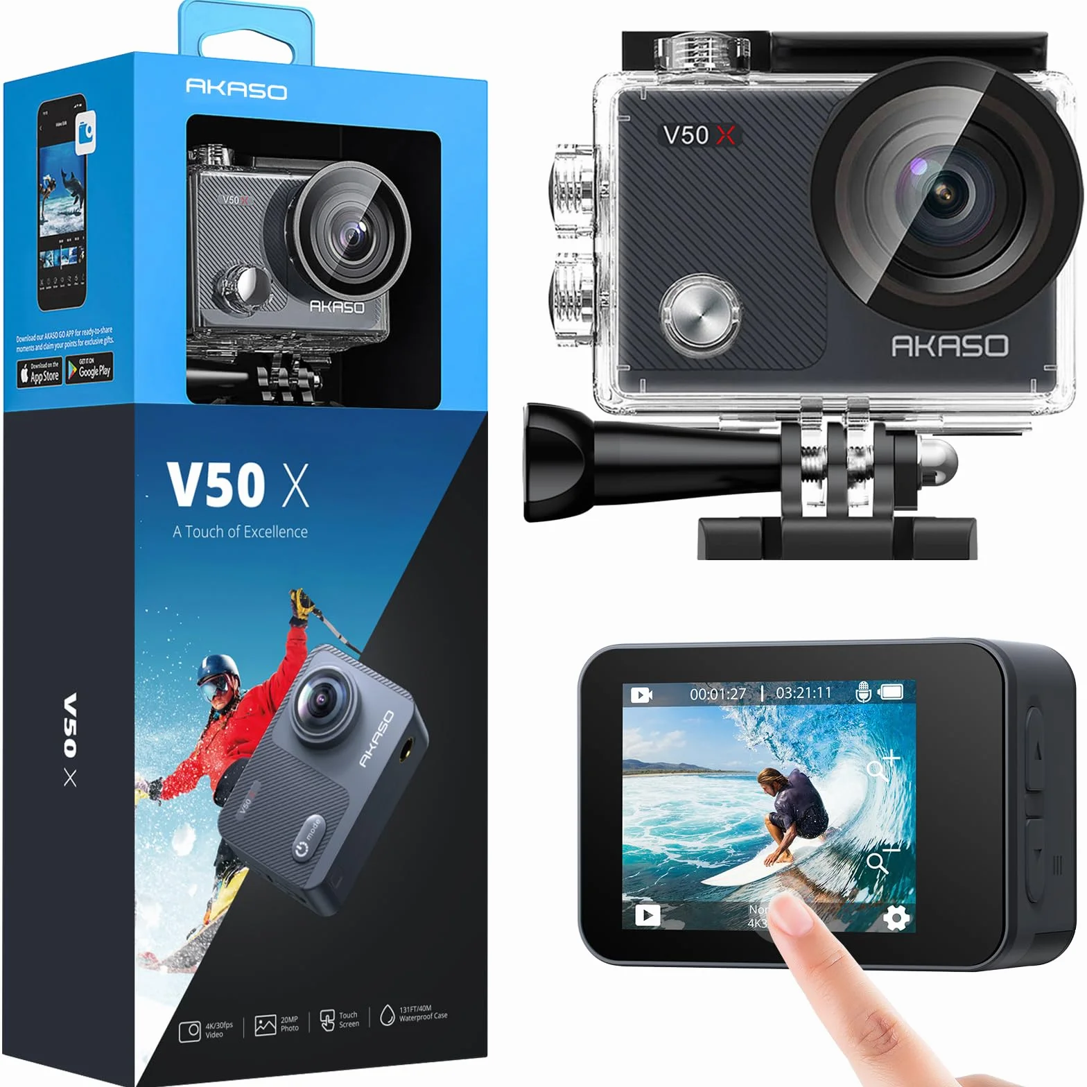 AKASO V50X Caméra Sport 4K Etanche WiFi Action Cam Ultra HD 30fps 131 Pieds sous Marine 2 Batteries Kit Accessoires