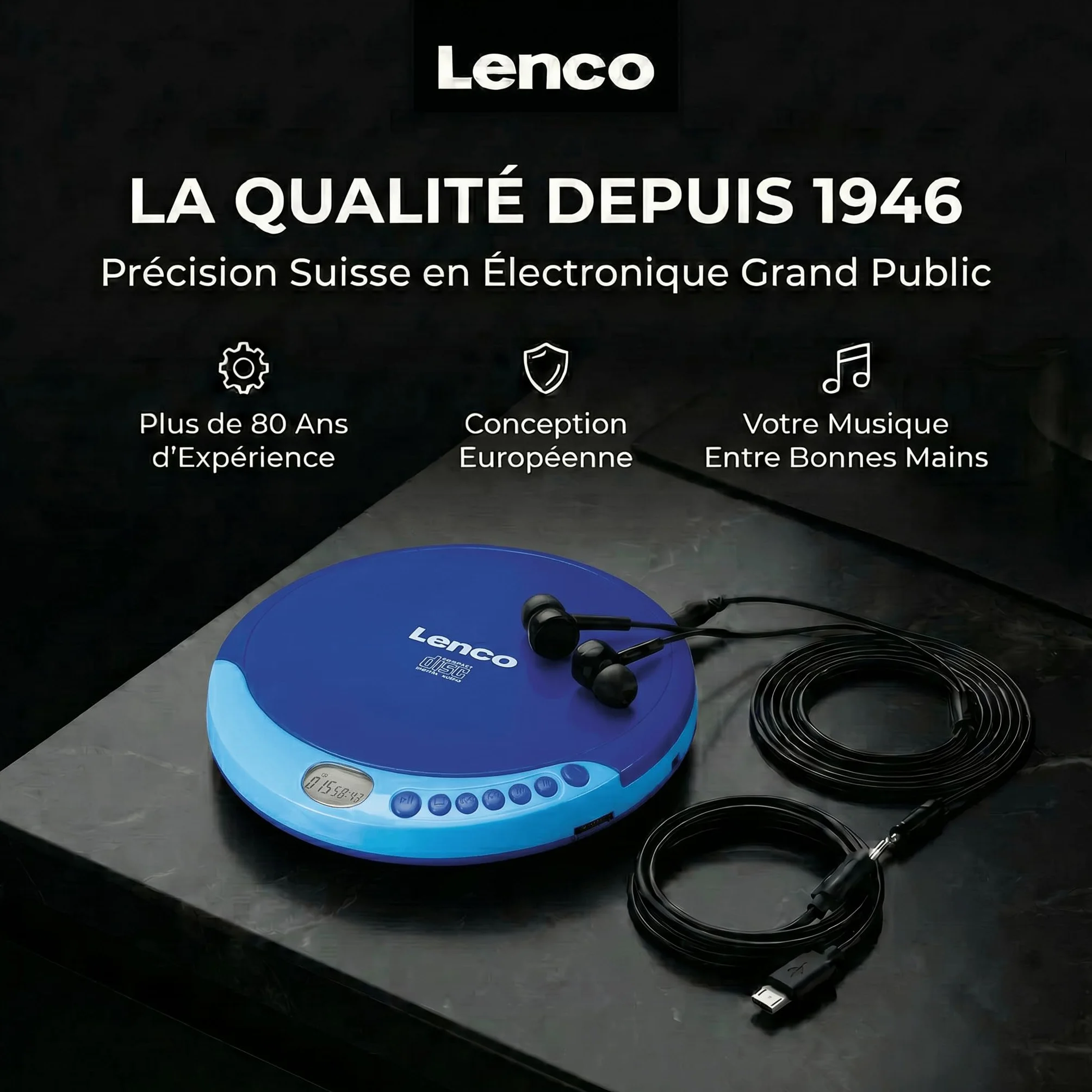 Lenco CD-011 Lecteur CD portable avec recharge batterie - Diskman CD Walkman - Écran LCD Bleu