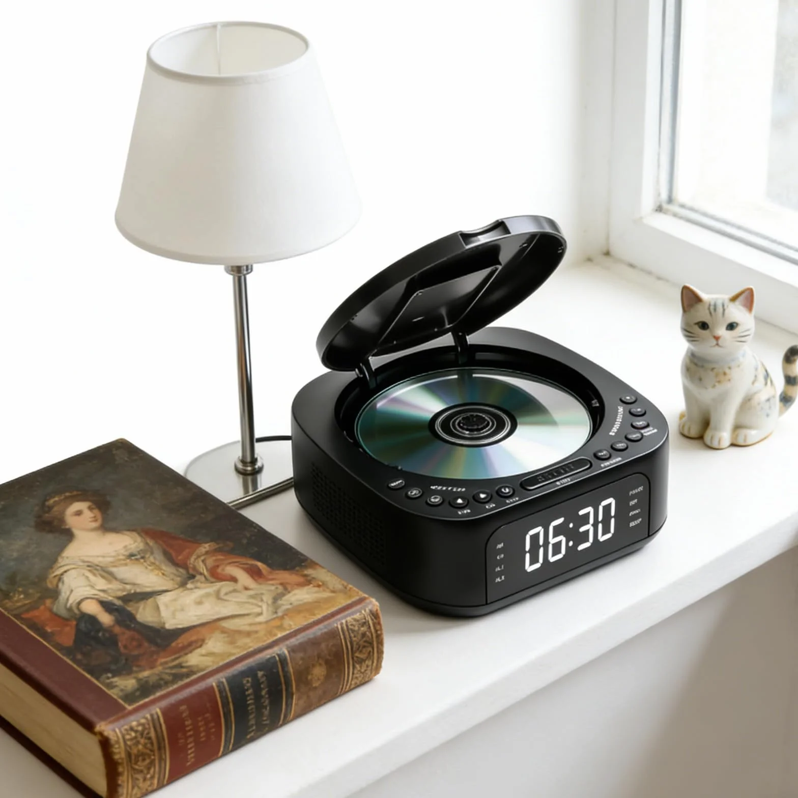 Lecteur CD portable Bluetooth radio FM MP3 double haut-parleur stéréo réveil SleepTimer rechargeable USB AUX grand écran télécommande noir