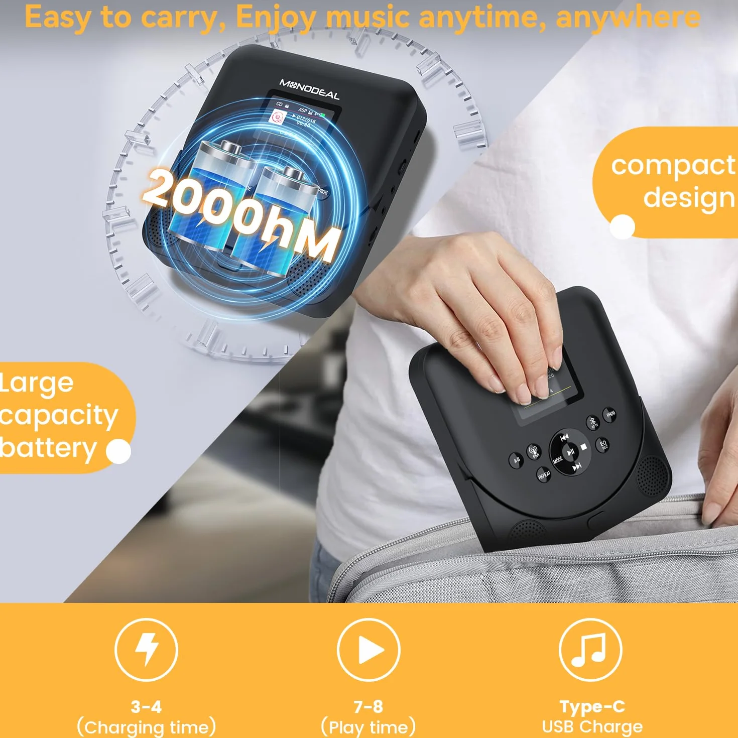 Lecteur CD Portable avec Écran TFT Bluetooth Rechargeable pour Voiture