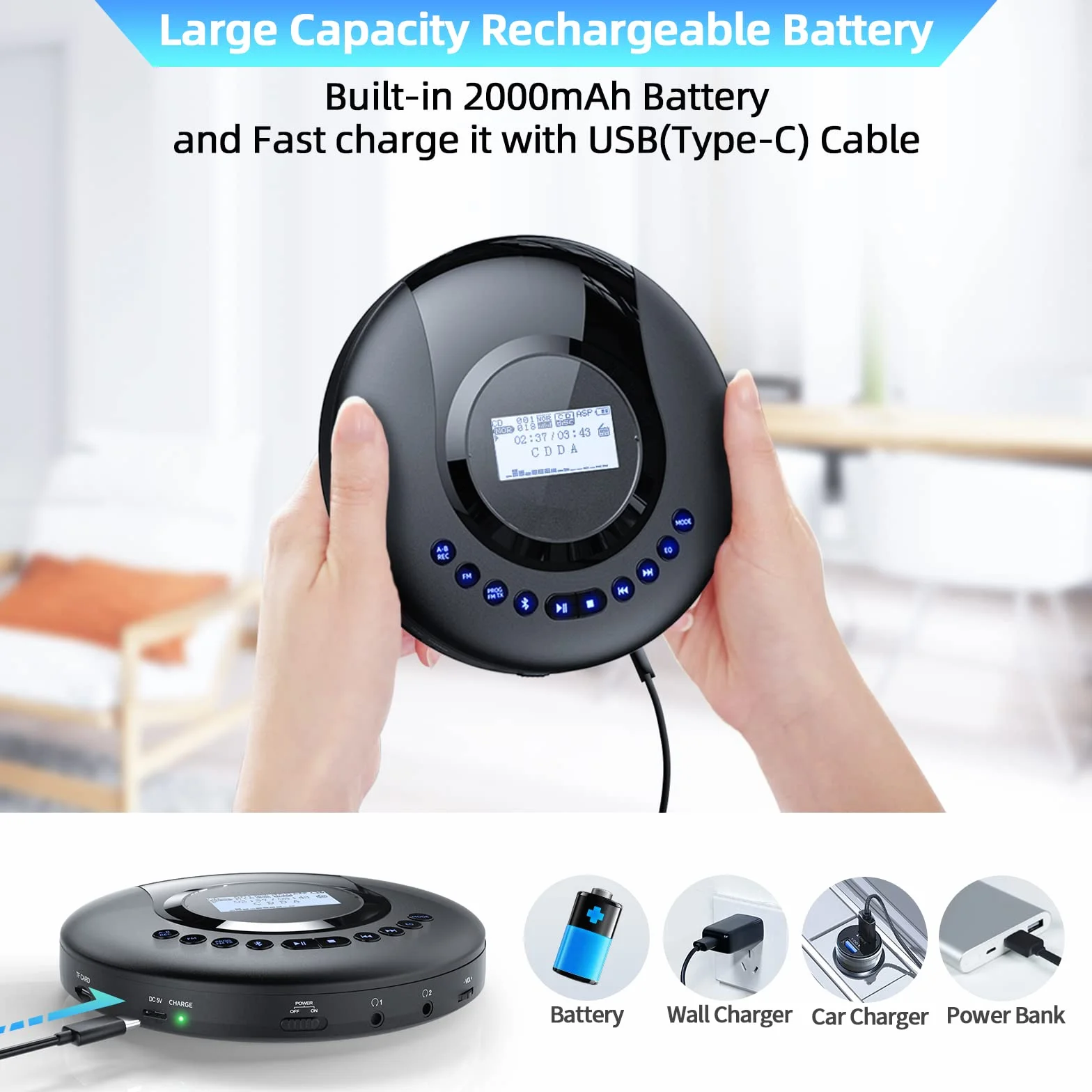 Lecteur CD Portable Bluetooth Rechargeable 2000 mAh avec écran LCD Protection Antichoc FM