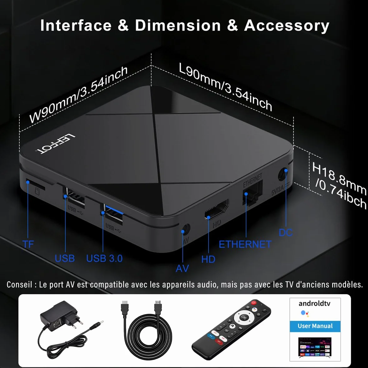 LEFFOT Android 14 TV Box 4K Ultra HD RK3518 Quad-Core A53 2GB RAM 16GB ROM WiFi 6 BT 5.4