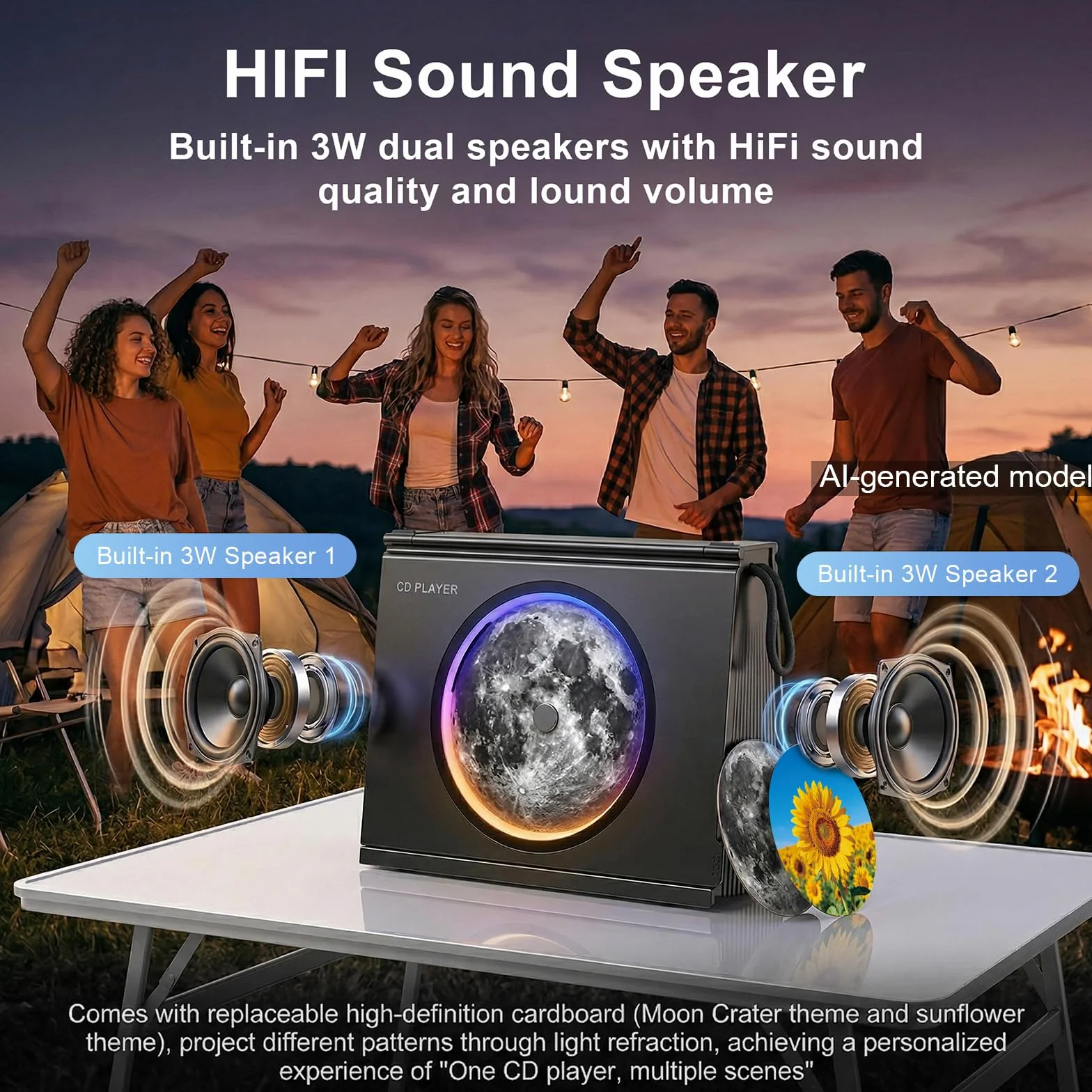 Lecteur CD Portable Bluetooth 5.3 Enceinte HiFi Batterie 4000mAh Rechargeable Design Bibliothèque