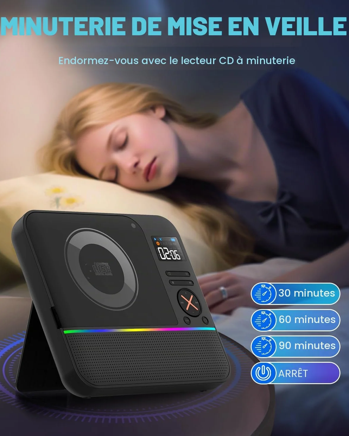 Lecteur CD Portable Bluetooth avec Radio FM, Écran LED RVB, Double Haut-Parleur, Compatible USB/AUX