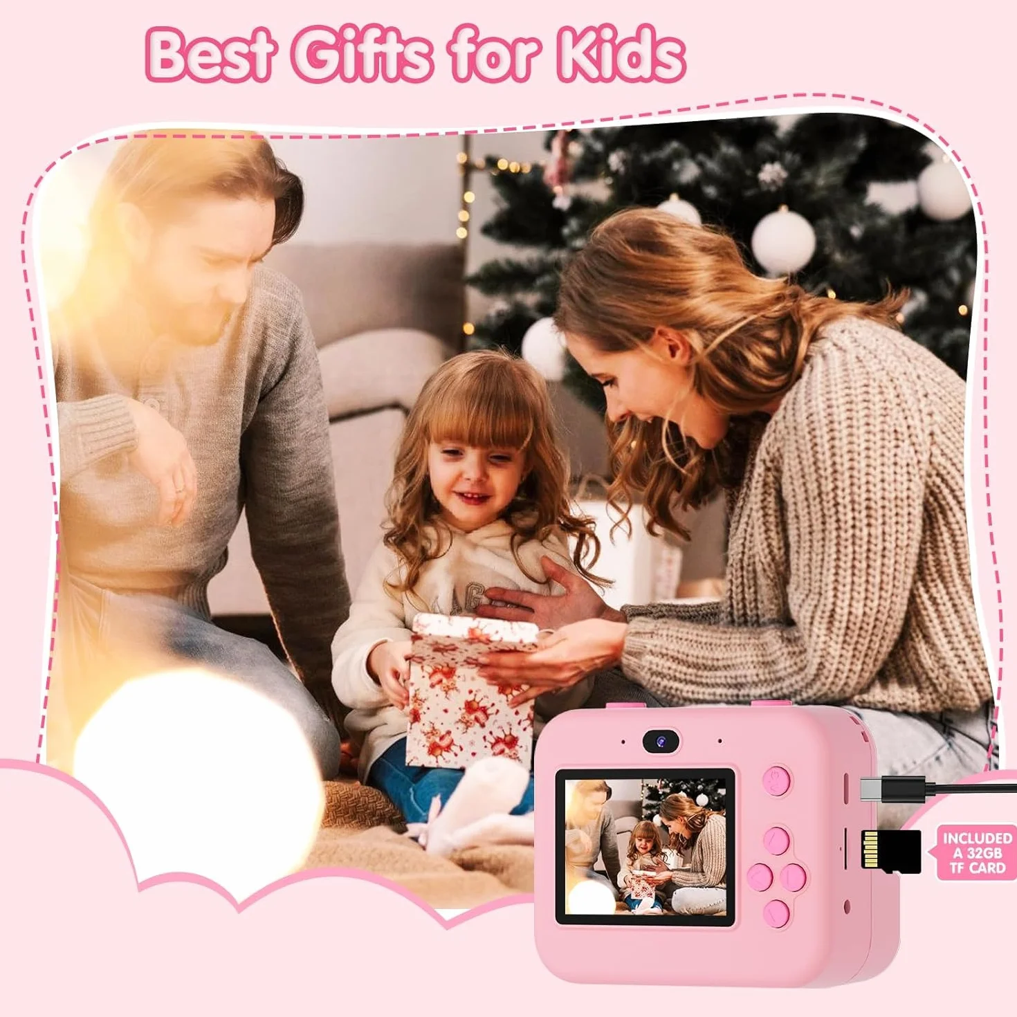 ASTGMI Appareil Photo Instantané Enfant 2.4" Écran avec Papier d'impression et Carte 32GB, Mode Selfie et Video, Cadeau Jouet pour Garçons Filles 3-14 Ans Rose