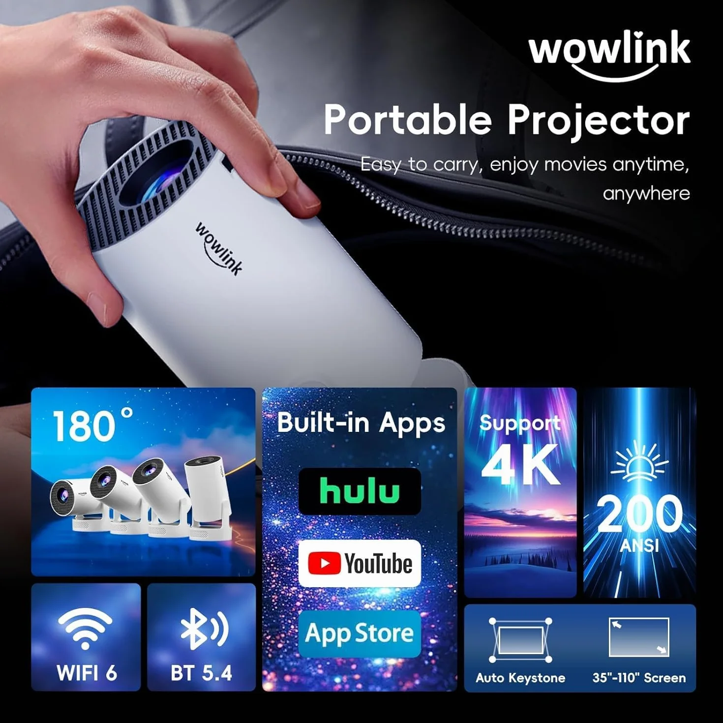 Vidéoprojecteur WiFi 6 Bluetooth 5.4 Mini Projecteur 4K 1080P Auto Keystone Rotation 180° HDMI TV Stick Laptop Blanc