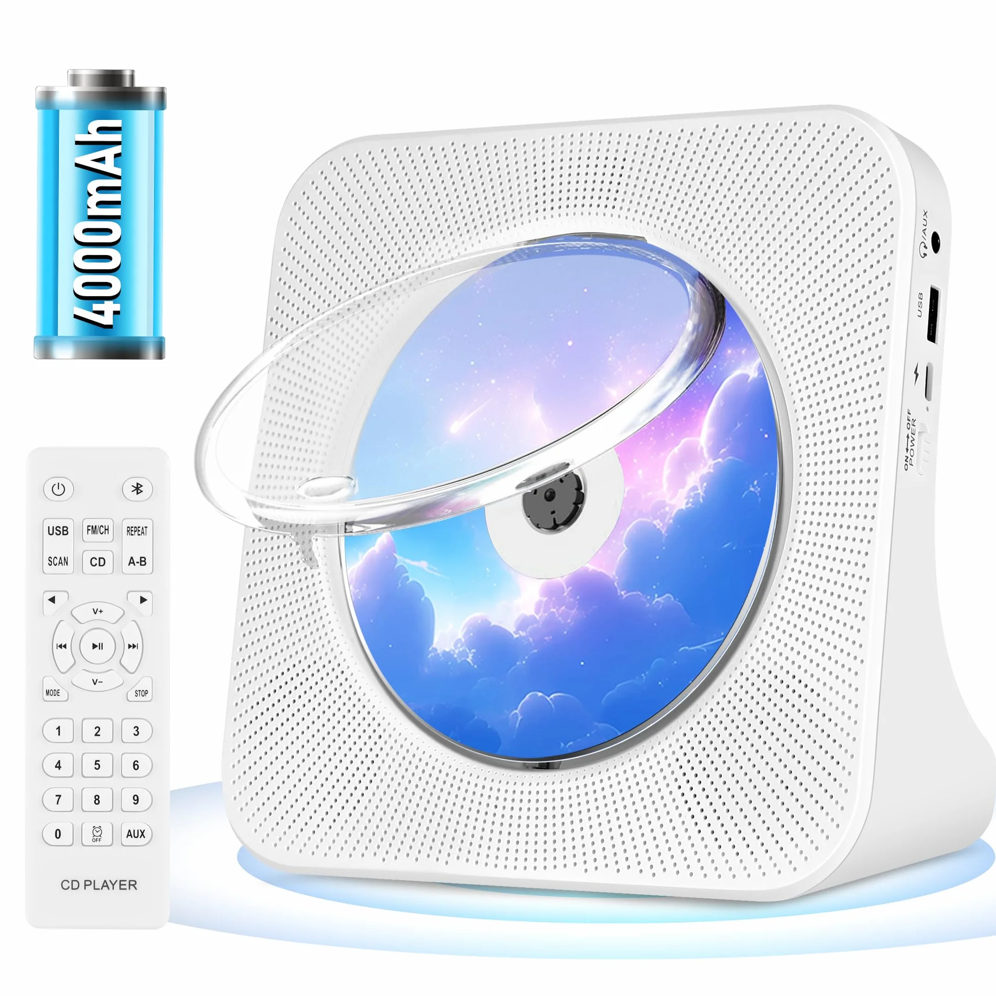 Lecteur CD Portable Rechargeable Bluetooth HiFi avec USB AUX FM Radio Blanc