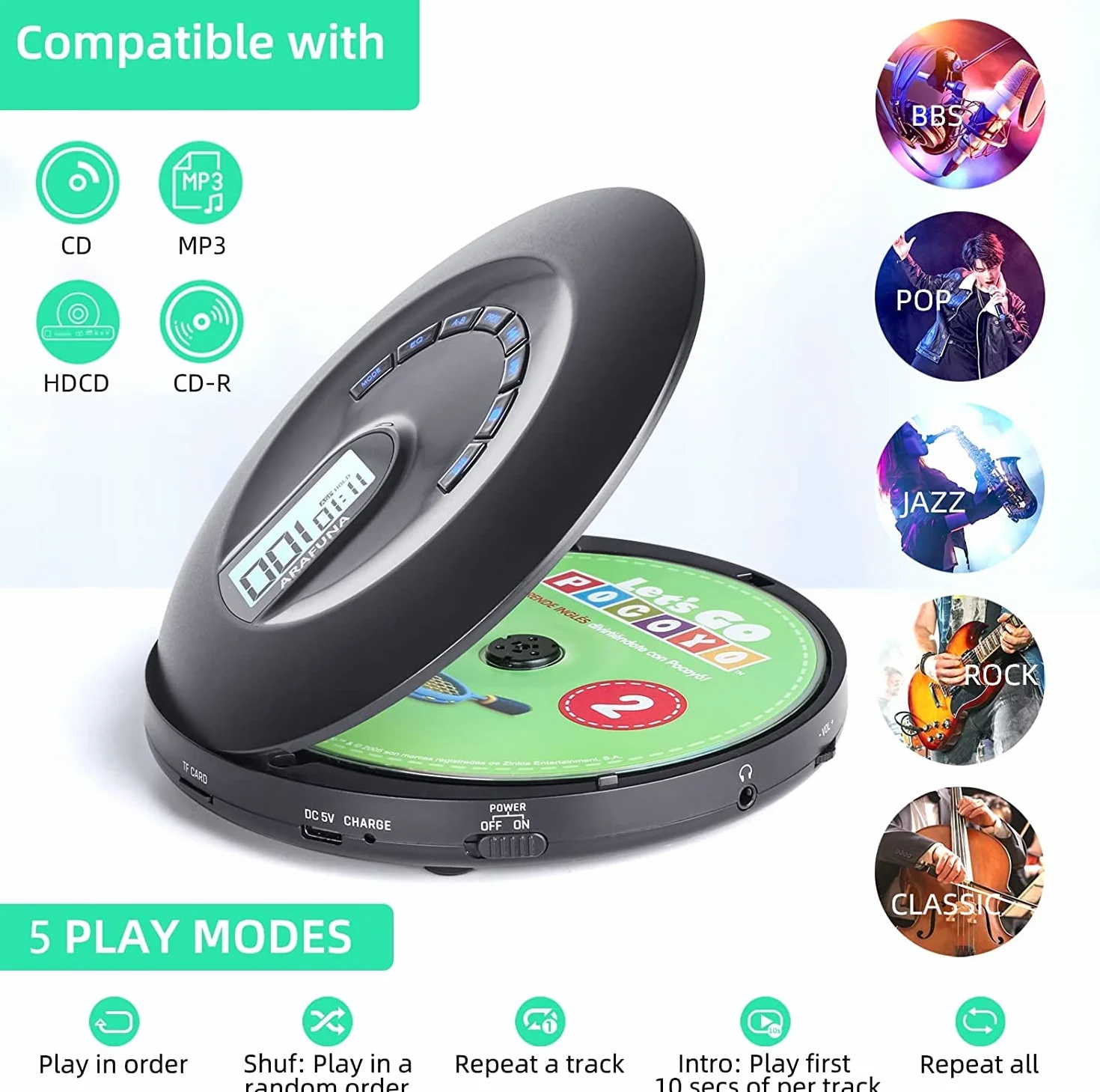 Lecteur CD Portable Rechargeable pour Voiture Arafuna avec Anti-Skip, Écran LCD, Câble AUX