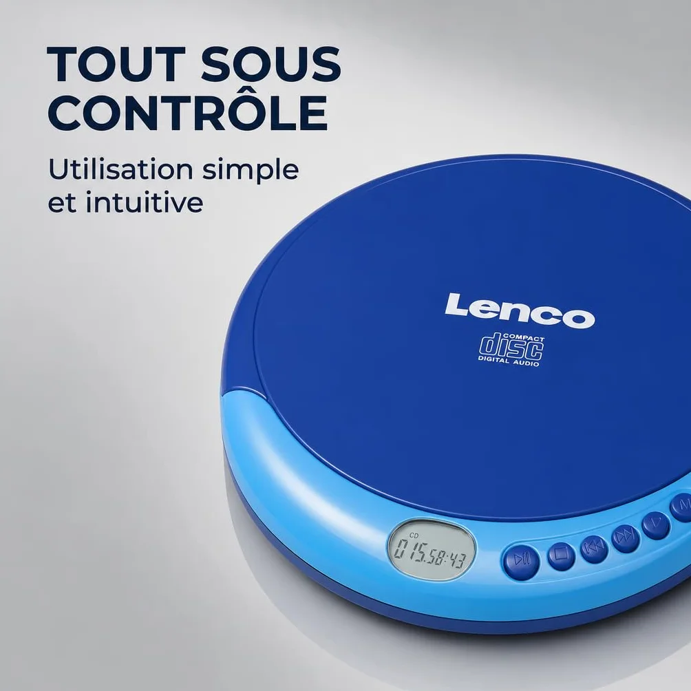 Lenco CD-011 Lecteur CD portable avec recharge batterie - Diskman CD Walkman - Écran LCD Bleu