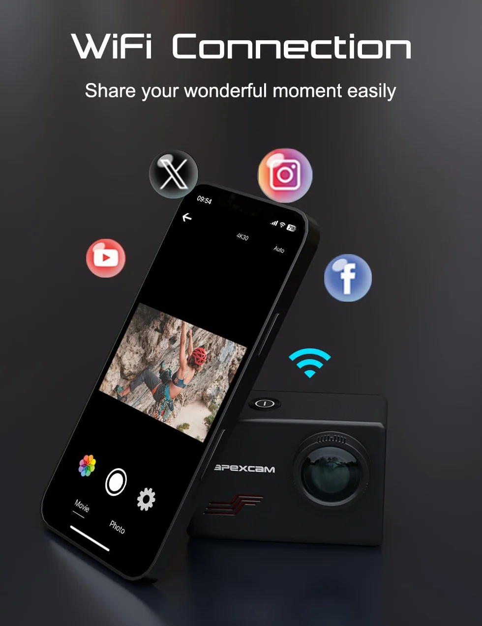 Apexcam Caméra Sport 4K 60FPS 64MP Étanche 40M Action Cam WiFi avec Micro SD 64GB Écran Tactile Stabilisateur EIS M80
