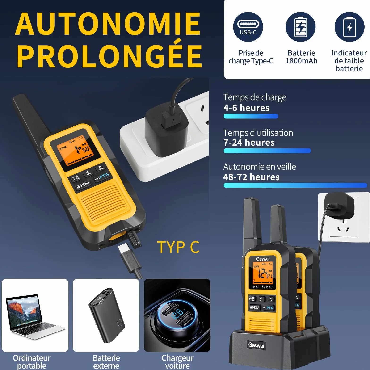 GASWEI G2Pro Talkie walkie Professionnel IP67 PMR446 Longue portée Double PTT VOX SOS Alerte Radio FM USB Chargeur 1800 mAh Lot de 2 Gelb