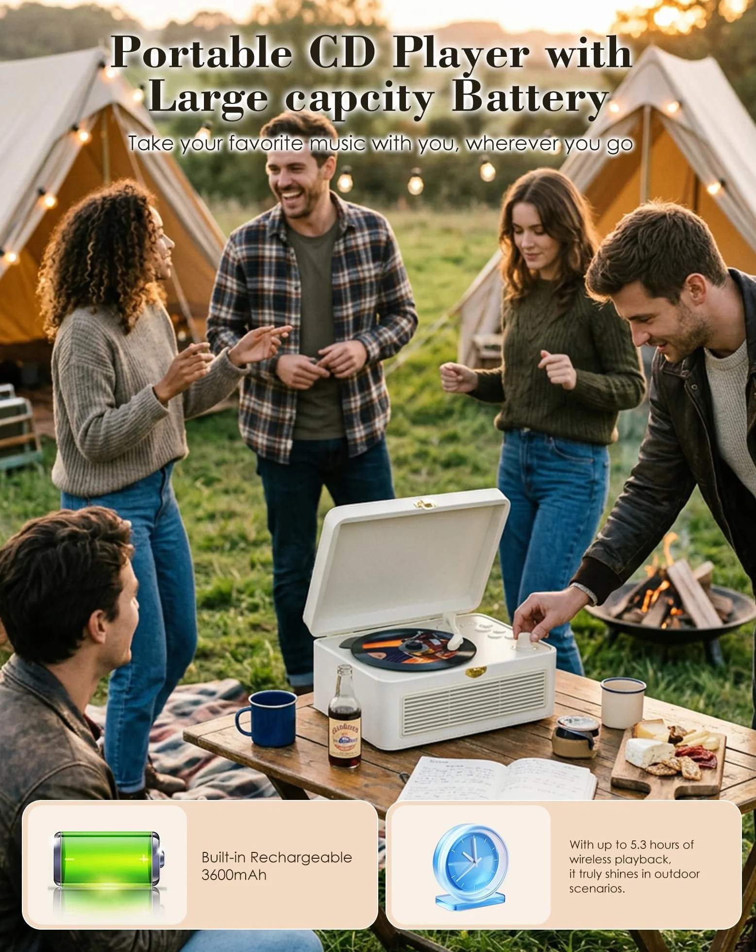Lecteur CD Portable Bluetooth Radio Rétro avec Télécommande, Housse Antipoussière Cuir PU, Blanc