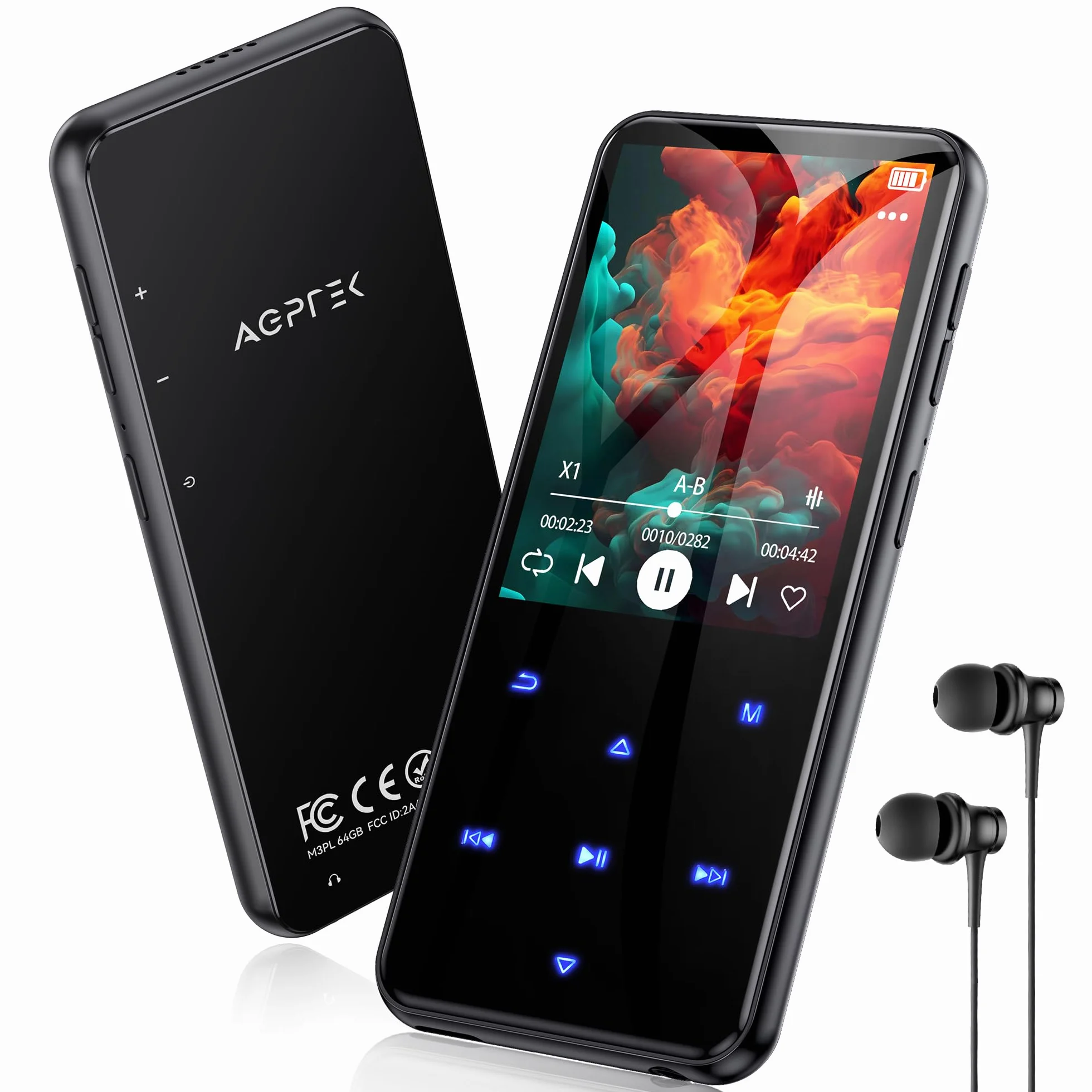 AGPTEK MP3 Bluetooth 64Go 2.4" Écran Métal Lecteur MP4 Baladeur Sport Radio FM Enregistreur Noir
