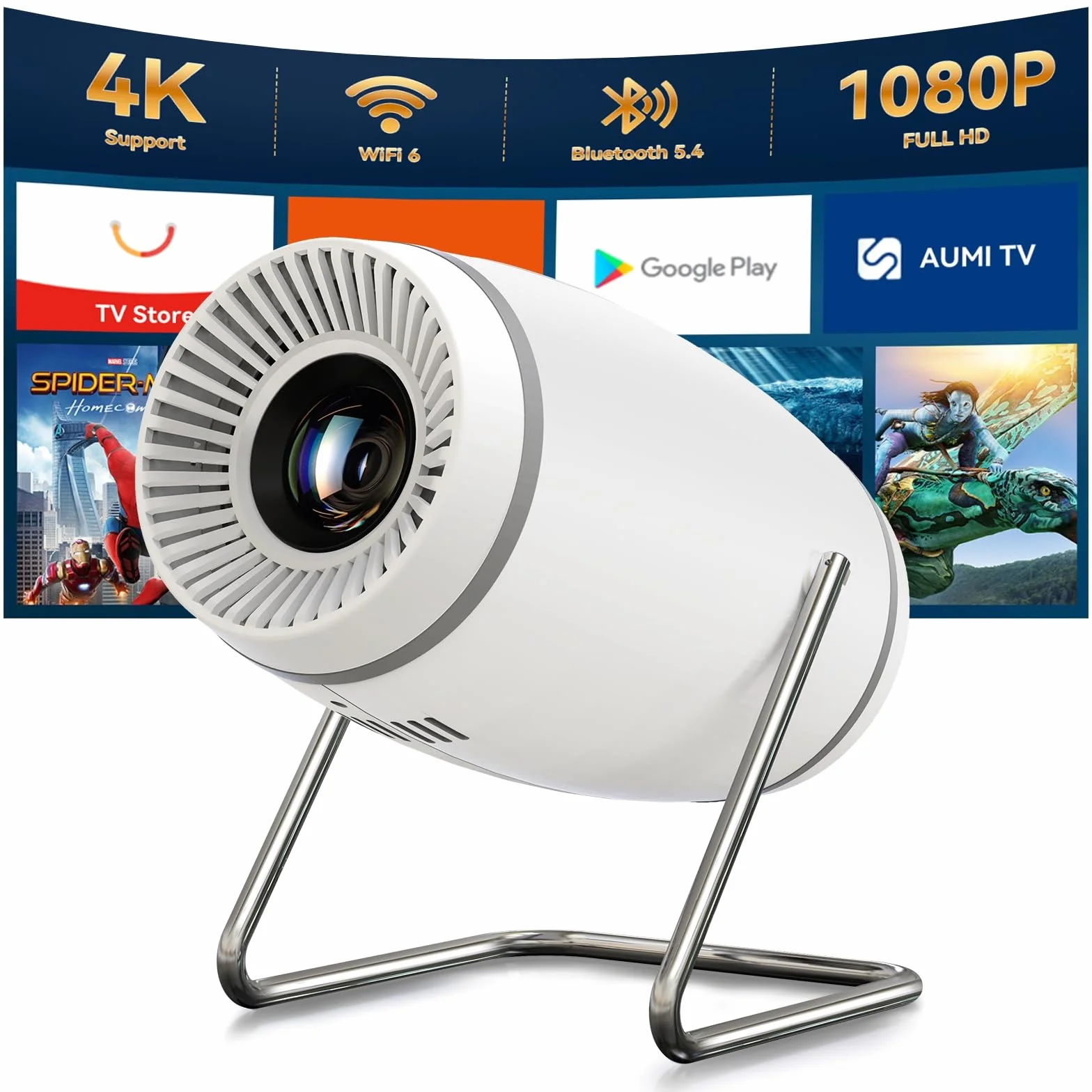 Vidéoprojecteur 4K Mini Projecteur Portable WiFi 6 BT 5.4, Auto Keystone, 130 Pouces, 180° Rotation HDMI/USB/PS5
