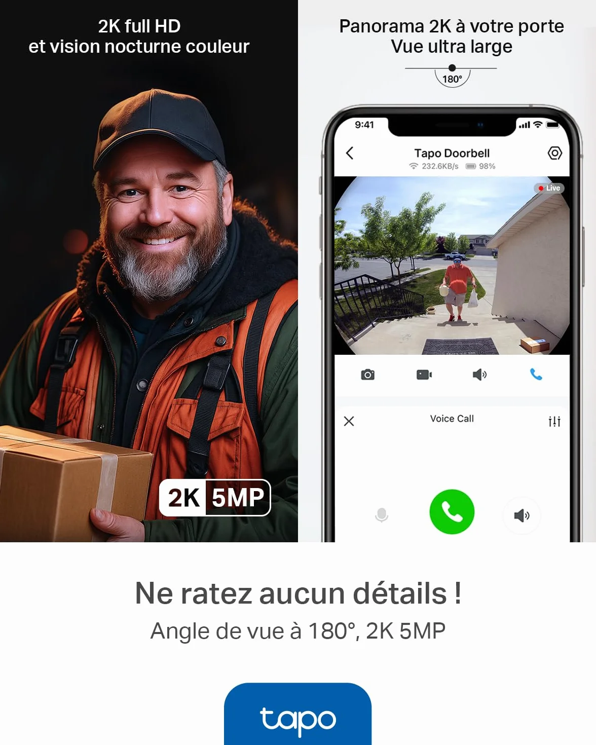 Tapo D235 Sonnette sans Fil avec Caméra 2K+ 5MP IP66 Étanche 180° Vision Ultra-Large Vision Nocturne Couleur Audio Bidirectionnel Détection AI