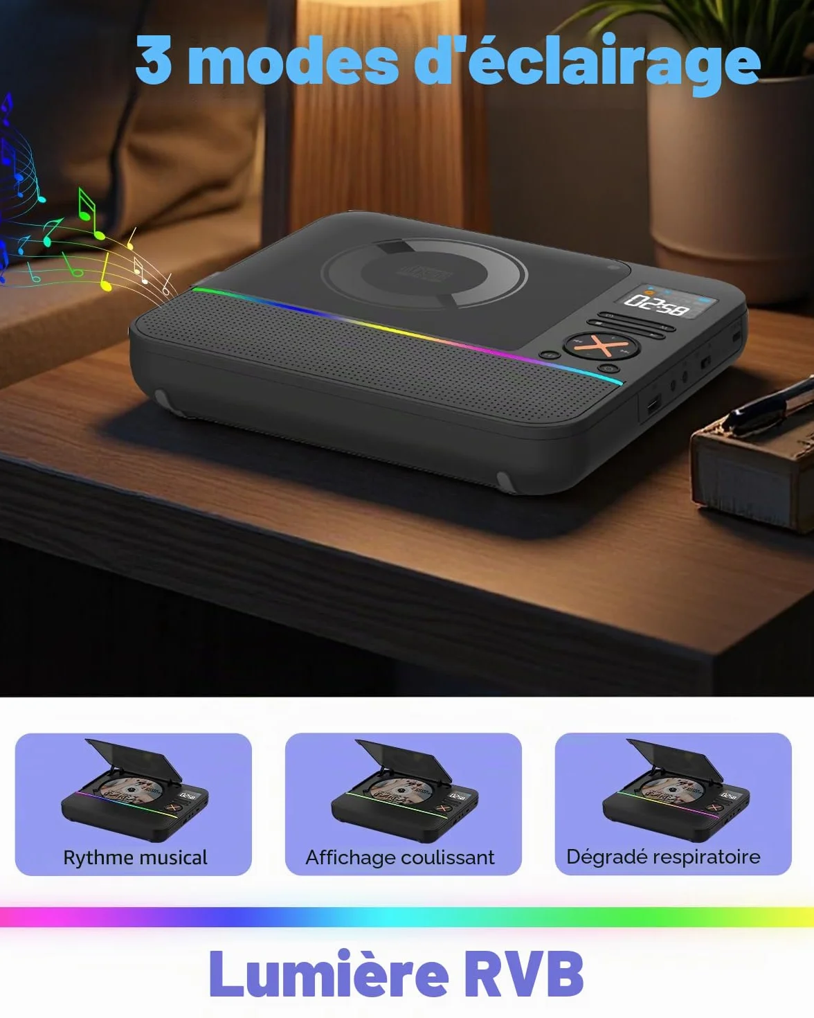 Lecteur CD Portable Bluetooth avec Radio FM, Écran LED RVB, Double Haut-Parleur, Compatible USB/AUX