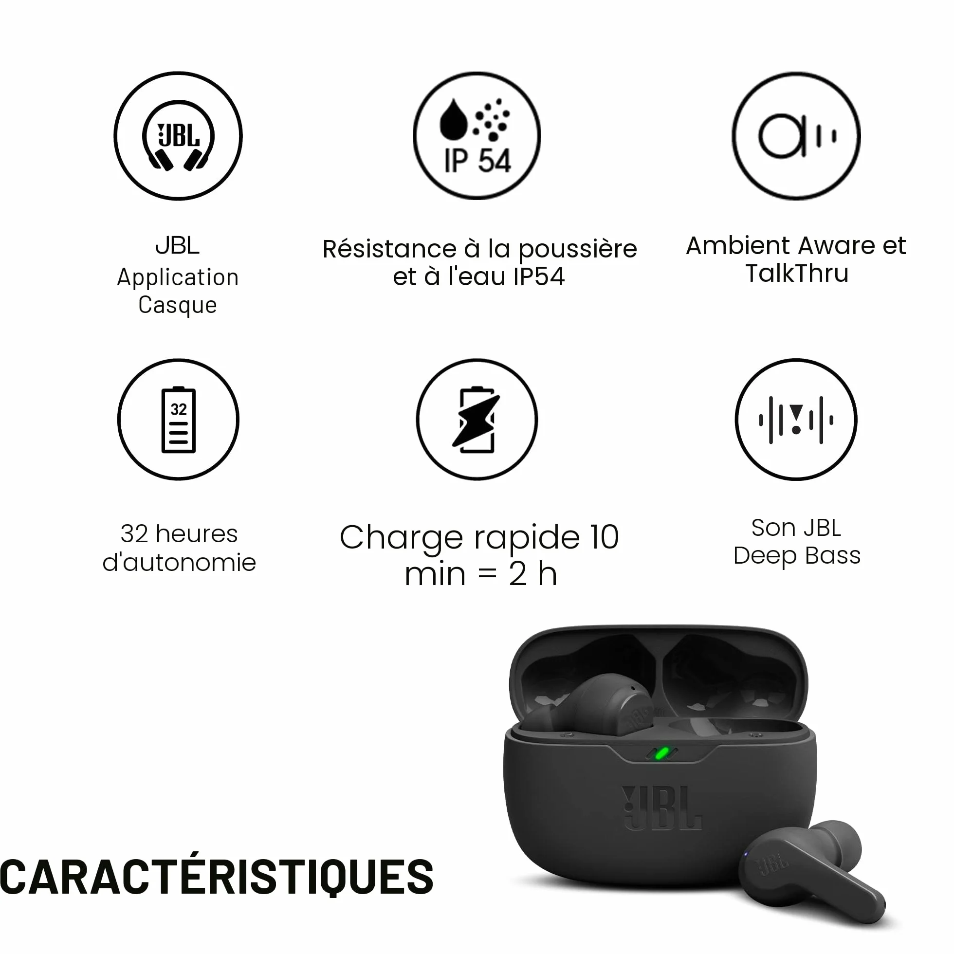 JBL Wave Beam Écouteurs Intra-Auriculaires sans Fil IP54 IPX2 Autonomie 32h Noir