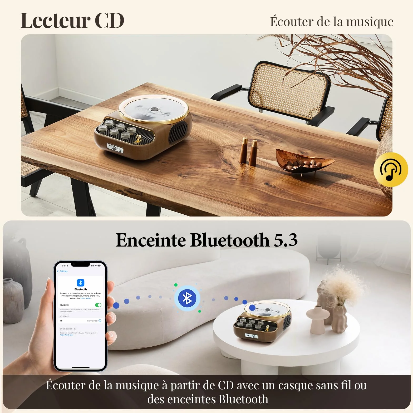 Lecteur de CD Portable Bluetooth 5.3 6-en-1 Rechargeable Radio FM AUX/TF