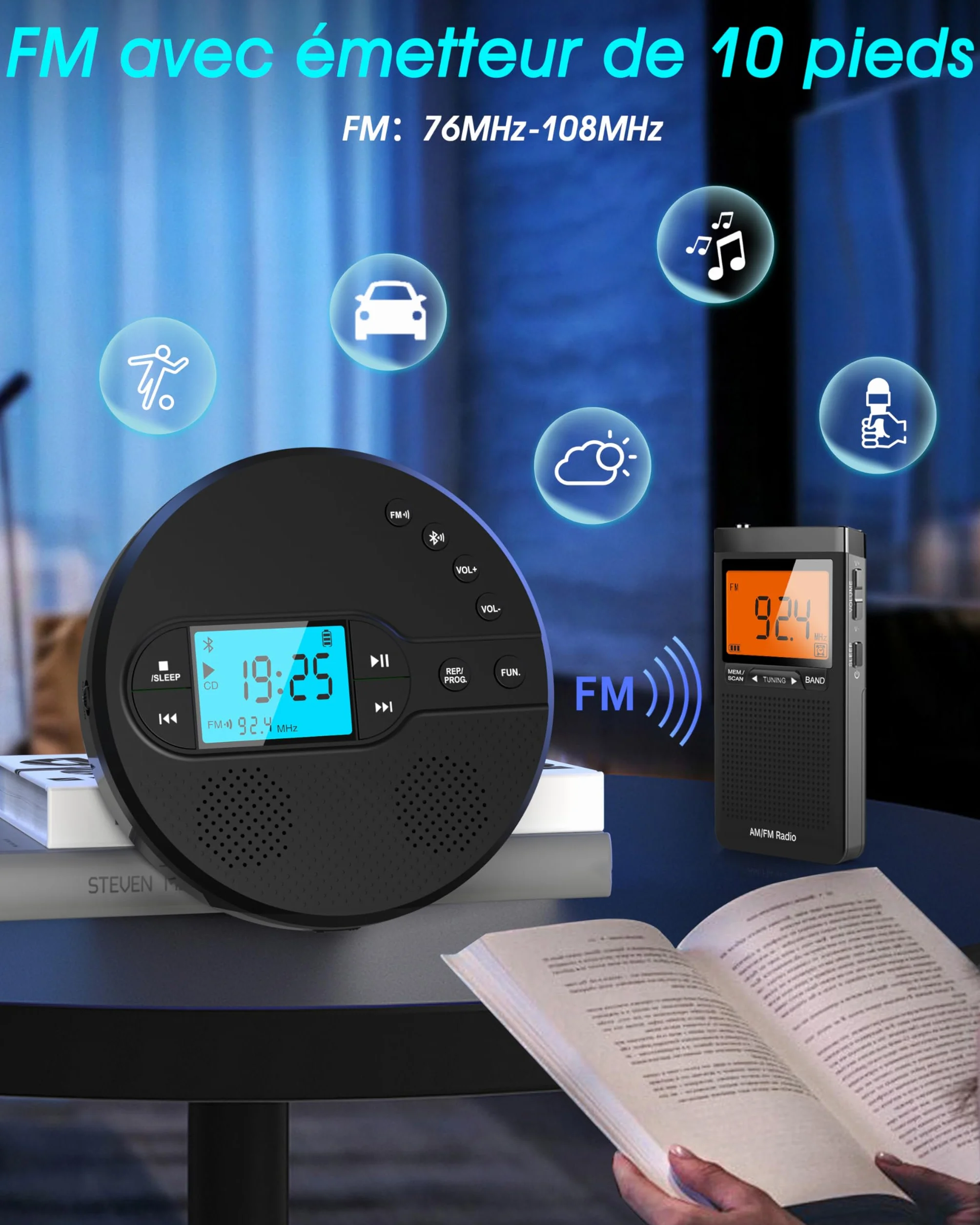 Greadio Lecteur CD Bluetooth Portable 2000 mAh Transmetteur FM USB AUX CD Player Noir